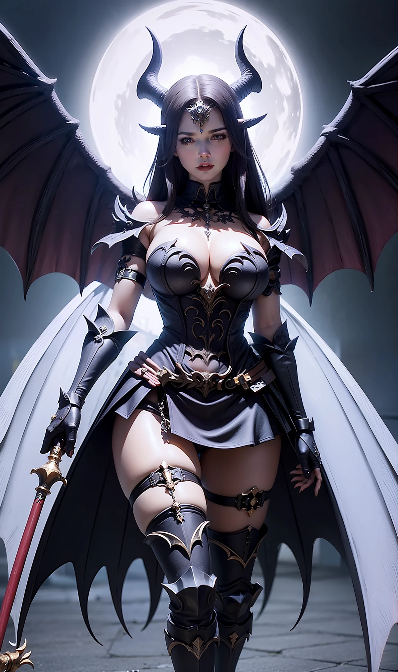 (very detailed 8k wallpaper), full body photo of a female witch mage, devil figure, big breasts, holding a mace with skull in left hand, a shield in right hand, 2 wings, complex, high detail, dramatic