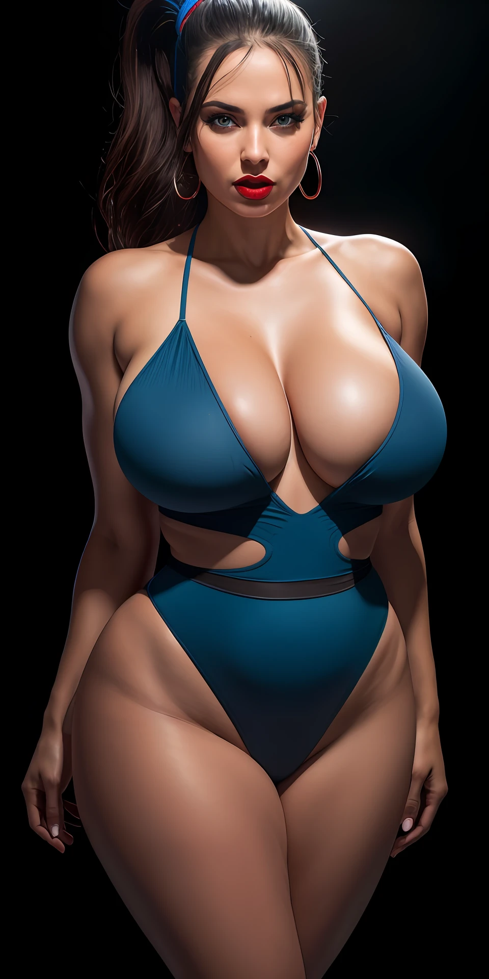 Adriana Alencar, mouth open, tongue out, ((huge breasts, thick thighs, hourglass figure)), ((thick red lips)), ((blue eyes)), ((long ponytail)), ((dark hair)) photorealistic, photo, masterpiece, realistic, realism, photorealism, high contrast, photorealistic digital art trending on Artstation 8k HD high definition detailed realistic, detailed, skin texture, hyper detailed, realistic skin texture, armature, best quality, ultra high res, (photorealistic:1.4),, high resolution, detailed, raw photo, sharp re, by lee jeffries nikon d850 film stock photograph 4 kodak portra 400 camera f1.6 lens rich colors hyper realistic lifelike texture dramatic lighting unrealengine trending on artstation cinestill 800,