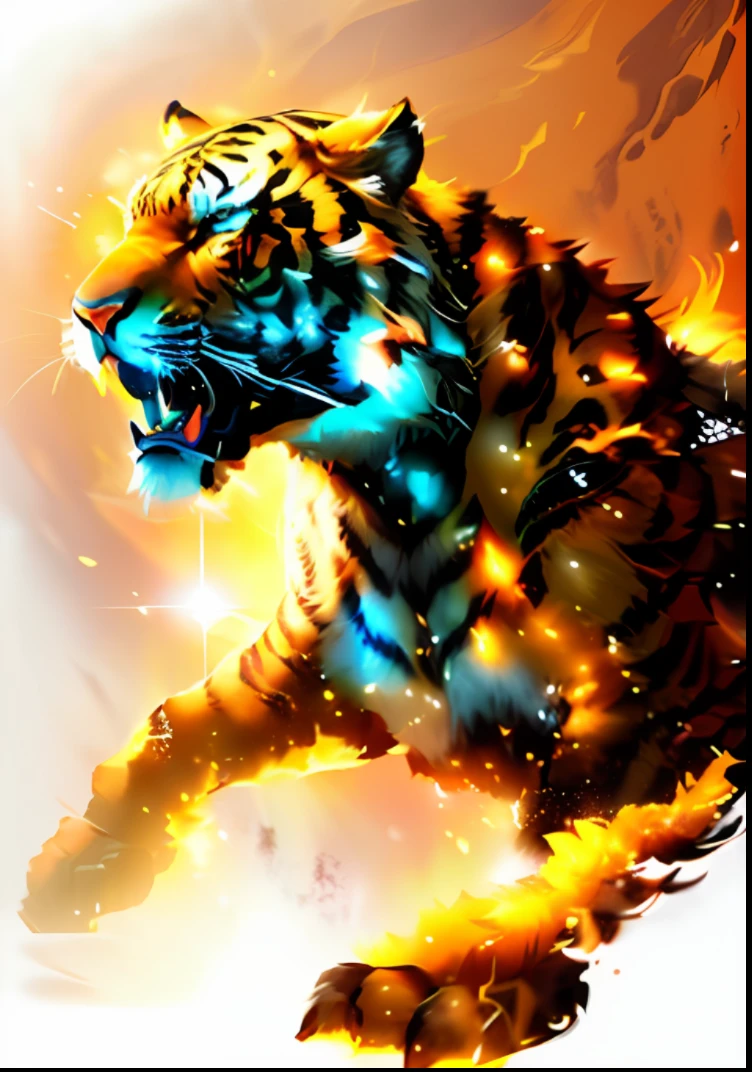 Closeup of a full tiger, totem, tiger_beast, saber-toothed cat, Fenrir, lord of beasts, render art, amazingly detailed art style, ((tiger)), wearing golden cat armor, drawn in arcane style, , fine and intricate fur