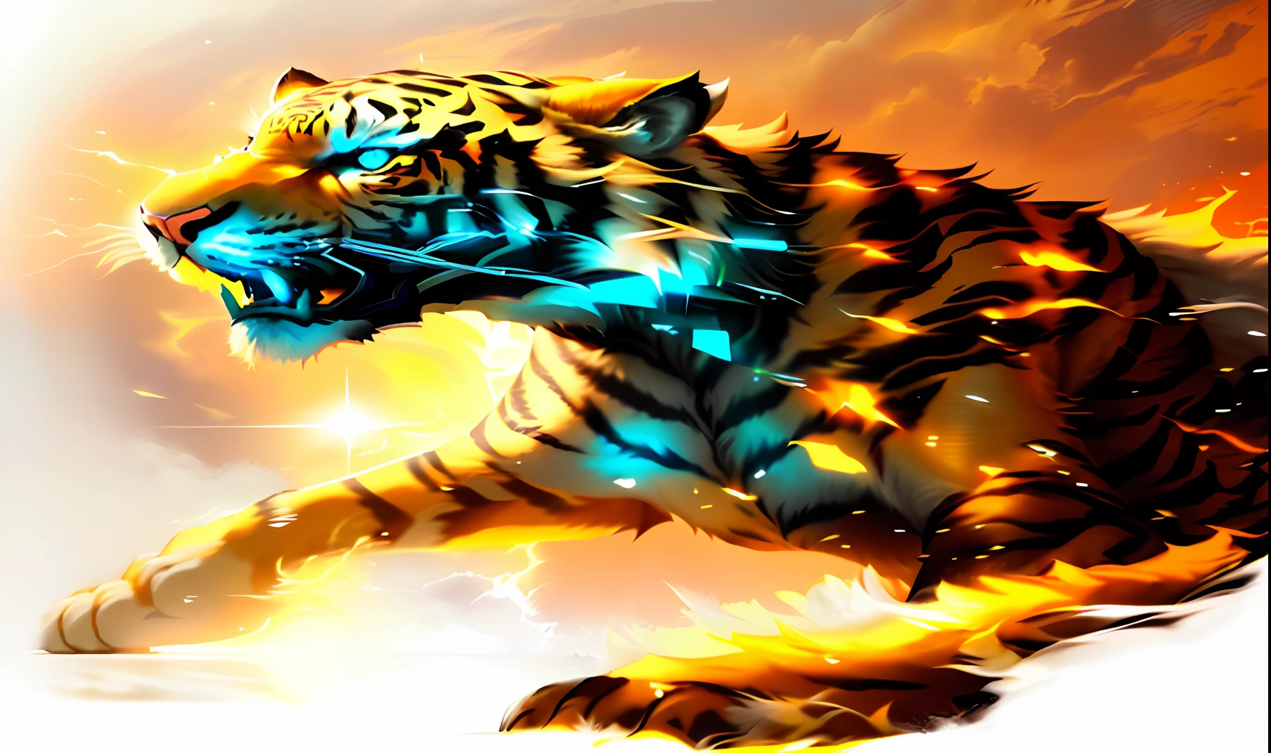 Close-up of a full white tiger, white fur, totem, tiger_beast, saber-toothed cat, Fenrir, lord of beasts, render art, amazingly detailed art style, ((tiger)), wearing golden cat armor, embossed Artistic style drawing, detailed and complex fur