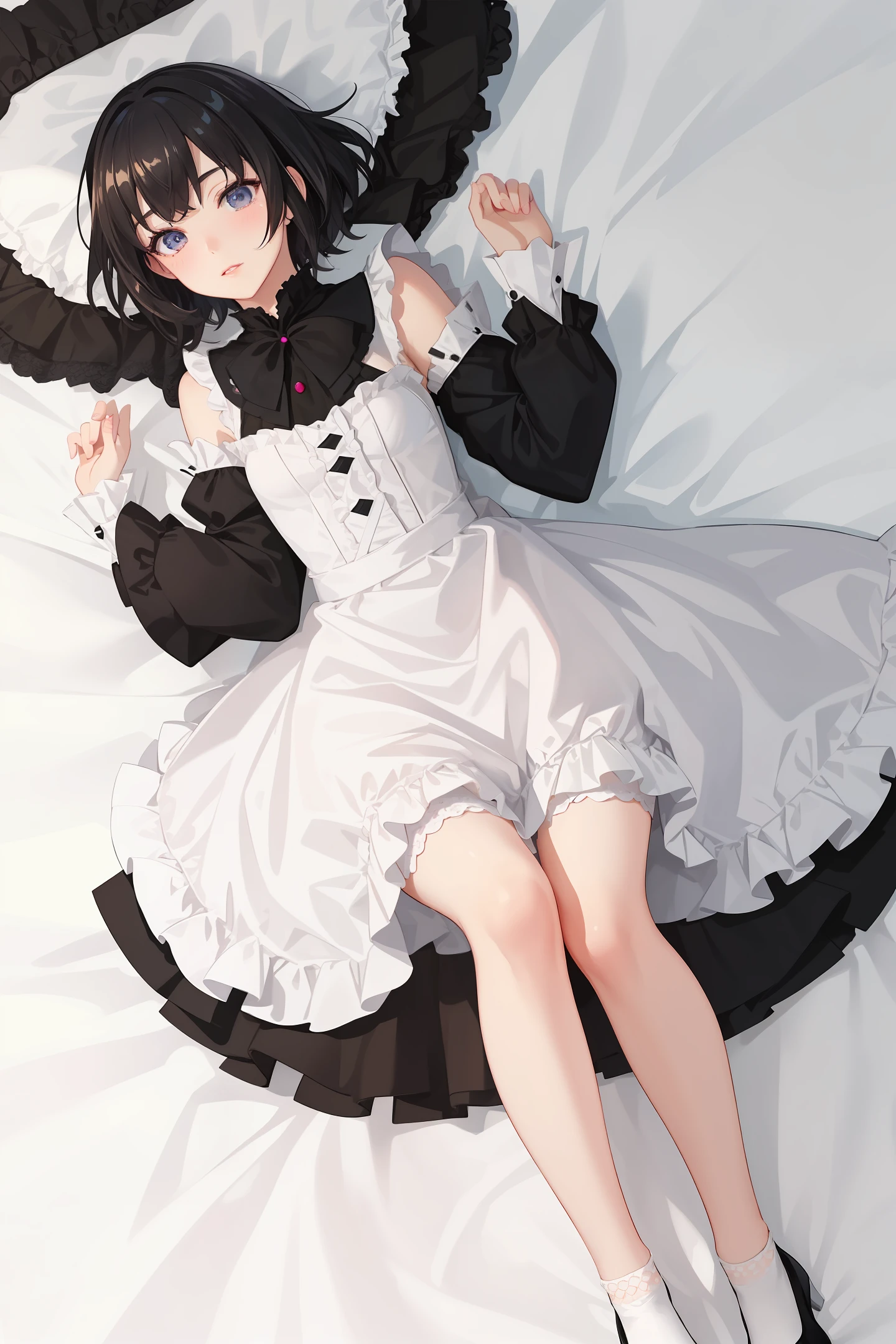 lolita, best quality, very detailed, super detailed, masterpiece, illustration, beautiful detailed eyes, anime, moe, (((illustration))), (((solo))), ((1boy)), Futanari, Otoko no Ko, ((Incubus)), ((dark blue eyes)),(((black hair))),((((very short hair)))),[[white skin]],( ((shiny skin))), ((small bust)), light blush, scarf, fur trim, ((Sweet Lolita)), ball gown, puffed sleeves,(((pink dress))) , (crinoline dress), garter belt, striped stockings, ankle boots, gloves, topless, breastless, lolita dress, gorgeous dress, realistic details,