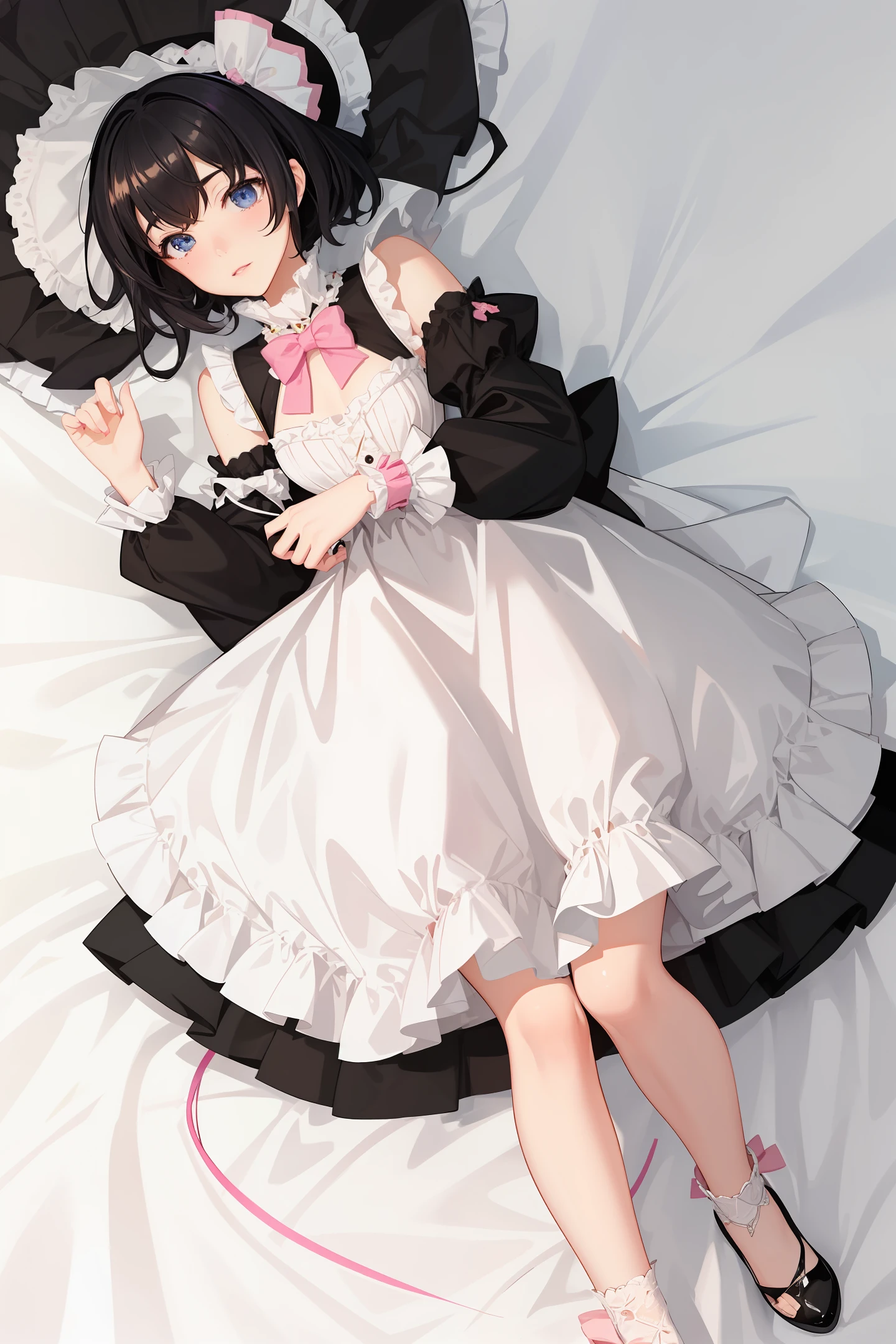 lolita, best quality, very detailed, super detailed, masterpiece, illustration, beautiful detailed eyes, anime, moe, (((illustration))), (((solo))), ((1boy)), Futanari, Otoko no Ko, ((Incubus)), ((dark blue eyes)),(((black hair))),((((very short hair)))),[[white skin]],( ((shiny skin))), ((small bust)), light blush, scarf, fur trim, ((Sweet Lolita)), ball gown, puffed sleeves,(((pink dress))) , (crinoline dress), garter belt, striped stockings, ankle boots, gloves, topless, breastless, lolita dress, gorgeous dress, realistic details,