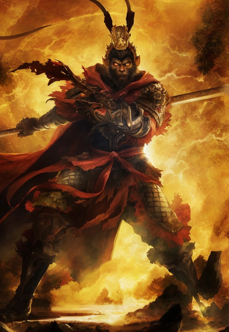 arafed image of a man in armor with a sword and a fire, sun wukong, guan yu, bian lian, demon samurai warrior, wukong, inspired by Hu Zaobin, by Arthur Pan, epic exquisite character art, amazing d & d dark sun art, by Yang J, epic fantasy character art, d&d dark sun character art