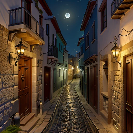 An old street lamp illuminating the cobblestone road and the sea shore in an ancient Greek town at night
Details: The street lamp is made of iron and has a glass lantern. The road is narrow and curved. There are some plants and flowers along the walls of the houses. The sea is dark and has some waves. The style is impressionistic and mysterious.