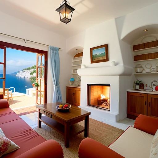 A cozy villa overlooking the sea and the lights of an old village on an island in Greece
Details: The villa is white and has a red tiled roof. It has a large window with curtains and a fireplace. There are some paintings and books on the shelves. The sea is blue and sparkling. The village is lit by lanterns and candles. The style is cozy and nostalgic.