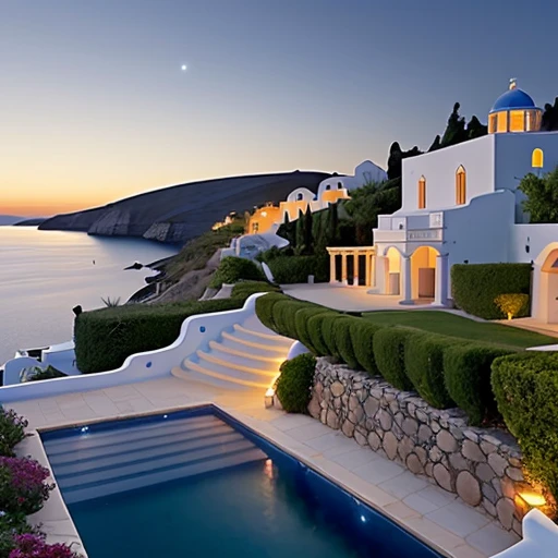 A dark blue sea and sky contrasted with the warm glow of an ancient village and a villa on a hill on a Greek island
Details: The sea and sky are dark and have some stars. The village and the villa are on a hill that slopes down to the shore. They have yellow lights that create a warm atmosphere. There are some trees and flowers on the hill. The style is dramatic and contrasted.