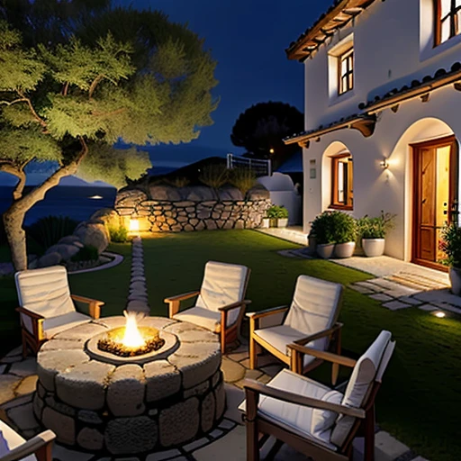 A tranquil scene of a villa, a sea coast and an old town on an island in Greece at night
Details: The villa is small and has a stone wall and a wooden door. It has a garden with some herbs and vegetables. The sea coast is rocky and has some shells and seaweed. The old town has stone houses and arches. There are some cats and dogs roaming around. The style is tranquil and rustic.