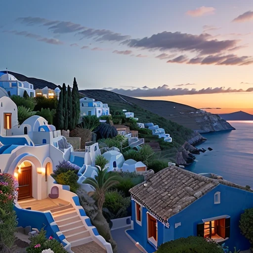 A dark blue sea and sky contrasted with the warm glow of an ancient village and a villa on a hill on a Greek island
Colors: The sea and sky are dark blue with some shades of purple and black. The village and the villa are yellow with some hints of orange and red. The trees and flowers are green with some touches of pink and white. The colors create a strong contrast between the cold and warm tones.
Focus: The focus is on the village and the villa, which are in the center of the picture. They are brighter and sharper than the sea and sky, which are blurred and dark. The focus draws attention to the cozy and inviting atmosphere of the place.