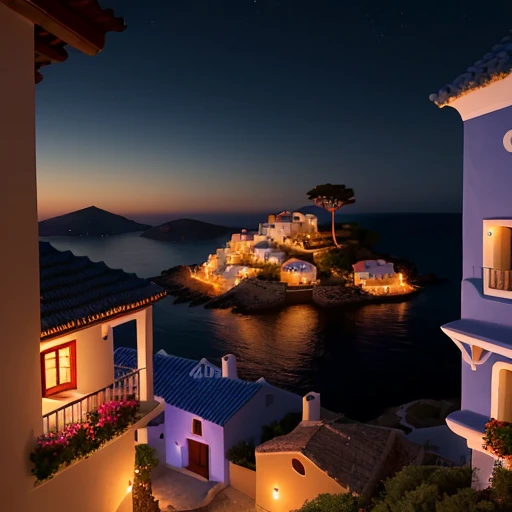 A dark blue sea and sky contrasted with the warm glow of an ancient village and a villa on a hill on a Greek island
Colors: The sea and sky are dark blue with some shades of purple and black. The village and the villa are yellow with some hints of orange and red. The trees and flowers are green with some touches of pink and white. The colors create a strong contrast between the cold and warm tones.
Focus: The focus is on the village and the villa, which are in the center of the picture. They are brighter and sharper than the sea and sky, which are blurred and dark. The focus draws attention to the cozy and inviting atmosphere of the place.