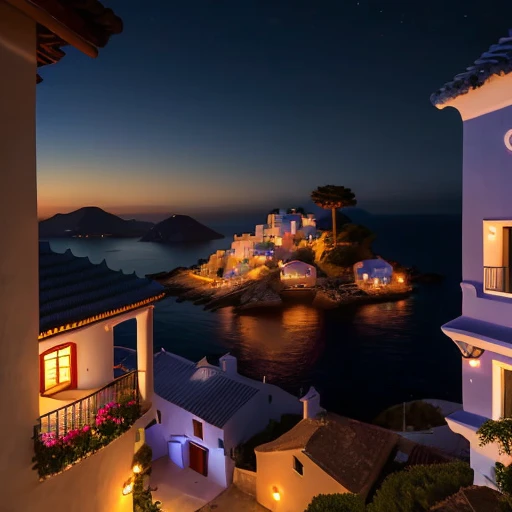 A dark blue sea and sky contrasted with the warm glow of an ancient village and a villa on a hill on a Greek island
Colors: The sea and sky are dark blue with some shades of purple and black. The village and the villa are yellow with some hints of orange and red. The trees and flowers are green with some touches of pink and white. The colors create a strong contrast between the cold and warm tones.
Focus: The focus is on the village and the villa, which are in the center of the picture. They are brighter and sharper than the sea and sky, which are blurred and dark. The focus draws attention to the cozy and inviting atmosphere of the place.