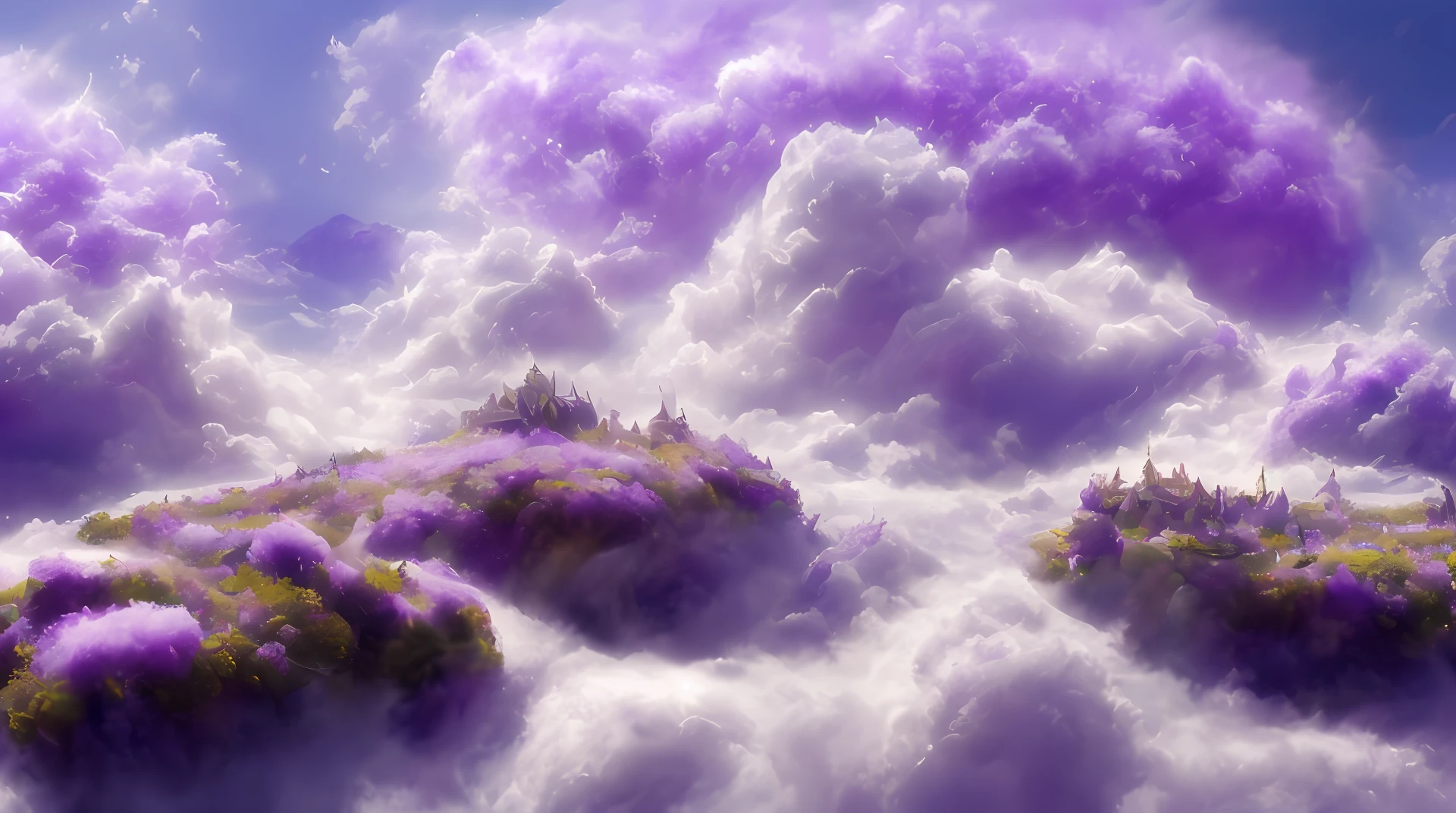 (a discodifland with swirling clouds and purple flowers), (sky lavender fantasy castle), (purple lavender), (ridiculous), dreamy, disney, painted by Thomas Kincaid, artstation, sharp focus, inspiring 8k wallpaper,