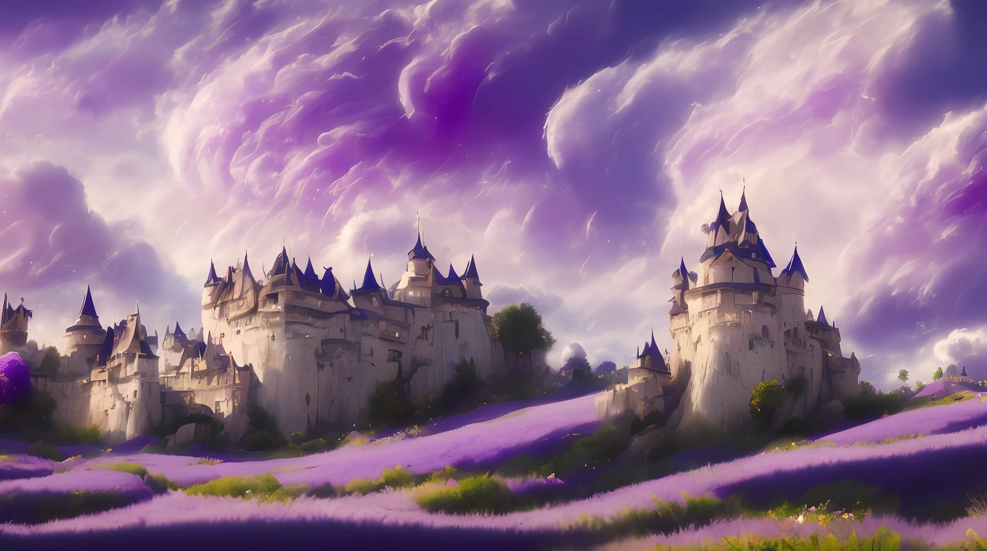 (a discodifland with swirling purple clouds and flowers), (sky lavender fantasy castle), (purple lavender), (ridiculous), dreamy, disney, painted by Thomas Kincaid, artstation, sharp focus, inspiring 8k wallpaper,