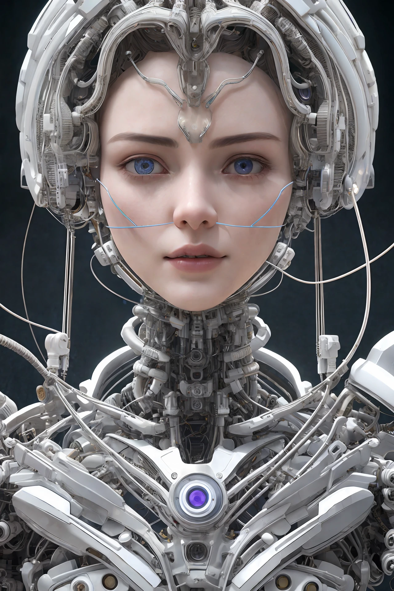complex 3d render ultra detailed of a beautiful porcelain profile woman android face, cyborg, robotic parts, 150 mm, beautiful studio soft light, rim light, vibrant details, luxurious cyberpunk, lace, hyperrealistic, anatomical, facial muscles, cable electric wires, microchip, elegant, beautiful background, octane render, H. R. Giger style, 8k, best quality, masterpiece, illustration, an extremely delicate and beautiful, extremely detailed ,CG ,unity ,wallpaper, (realistic, photo-realistic:1.37),Amazing, finely detail, masterpiece,best quality,official art, extremely detailed CG unity 8k wallpaper, absurdres, incredibly absurdres, robot, silver halmet, full body, sitting