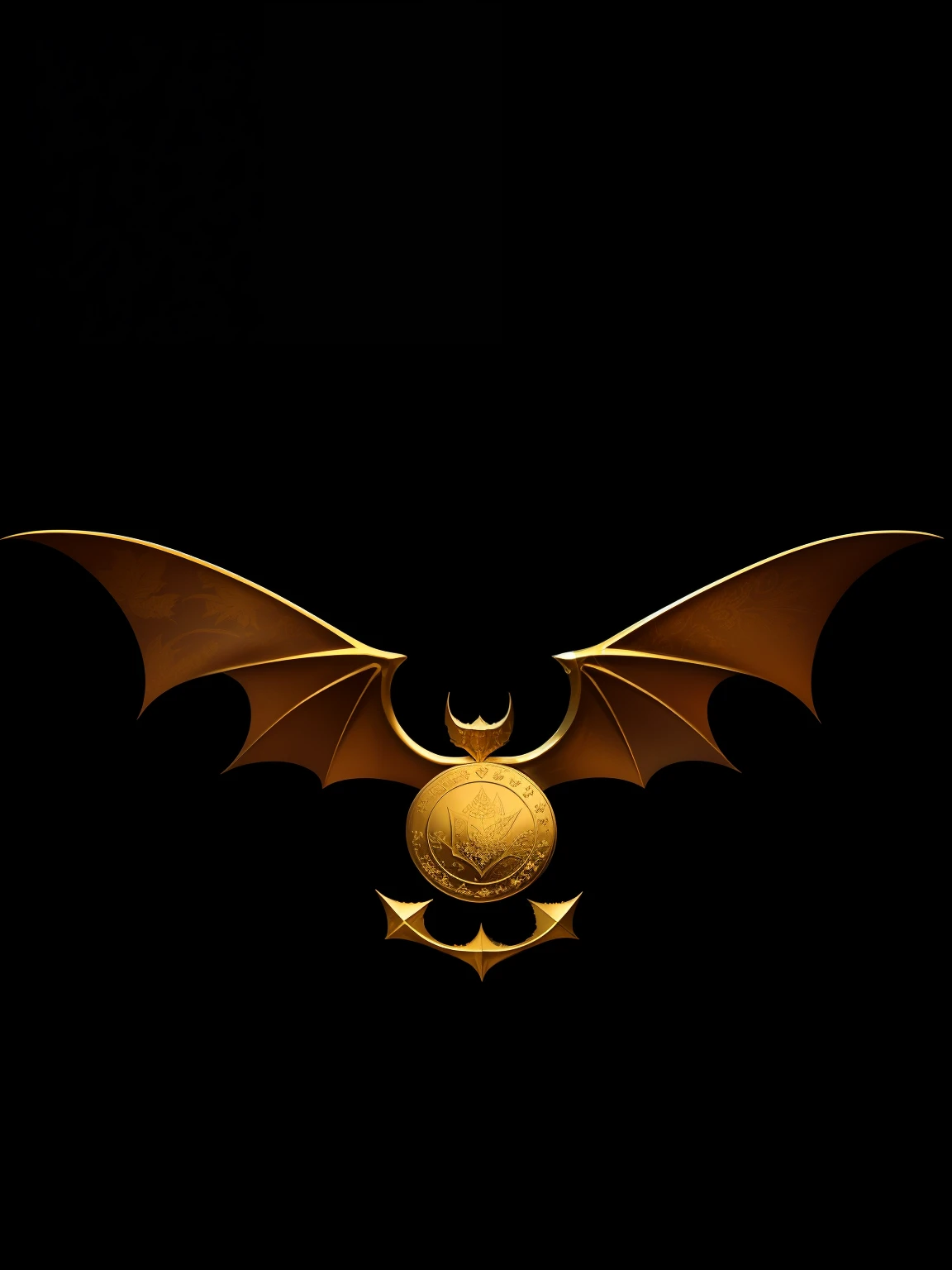 European classical gold coin, with bat pattern printed in the center, embossed effect, metallic texture, bat wings, European pattern, textured, metallic luster