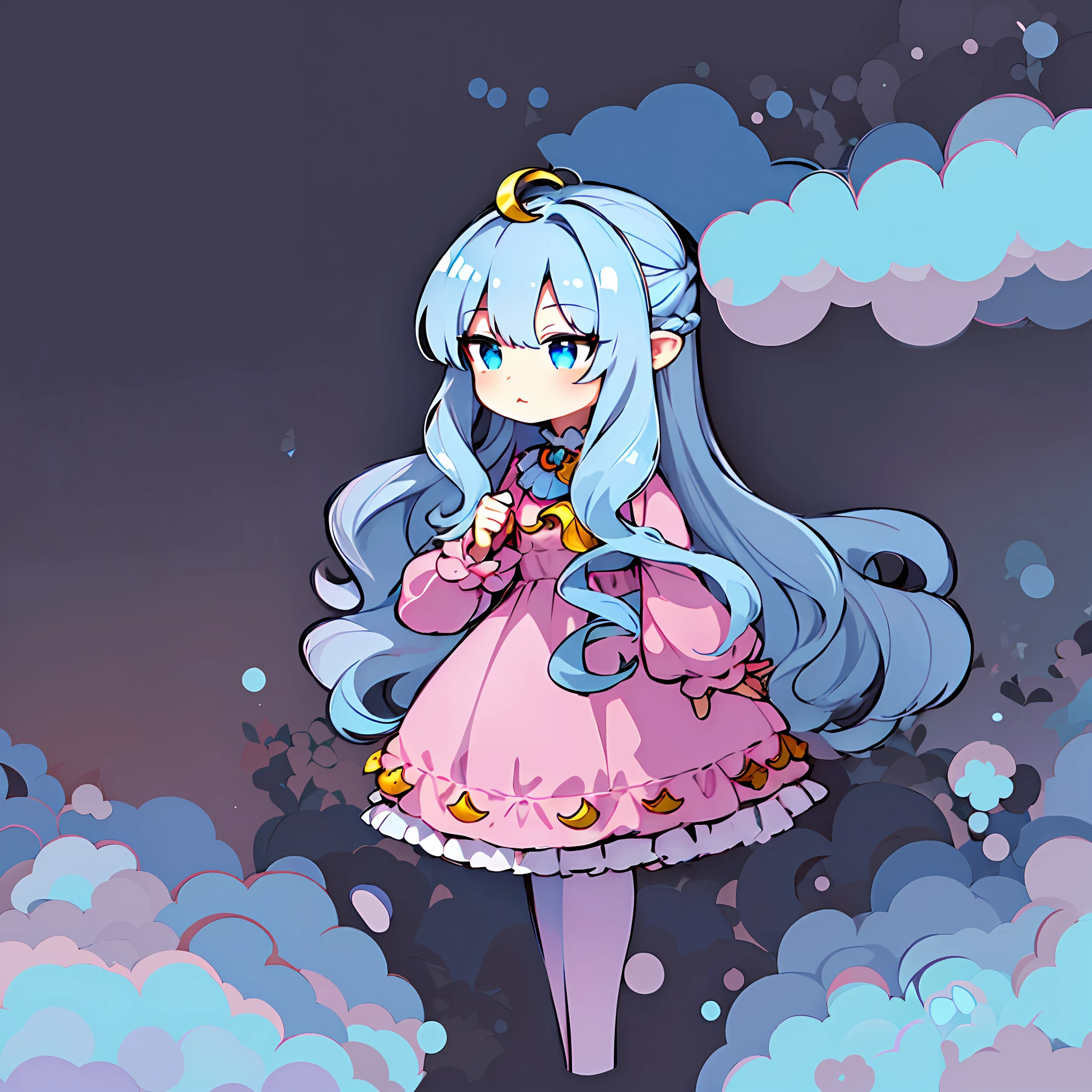 best quality, highres, den2, solid color background, dots, Chibi Girl, solo, (Crescent 1 decoration: 1.1), (light cyan: 1.3) embossed frilly long-sleeved dress light pink, (silver: 1.15) wavy long hair, angel wings, feather effect, blue eyes, :3,