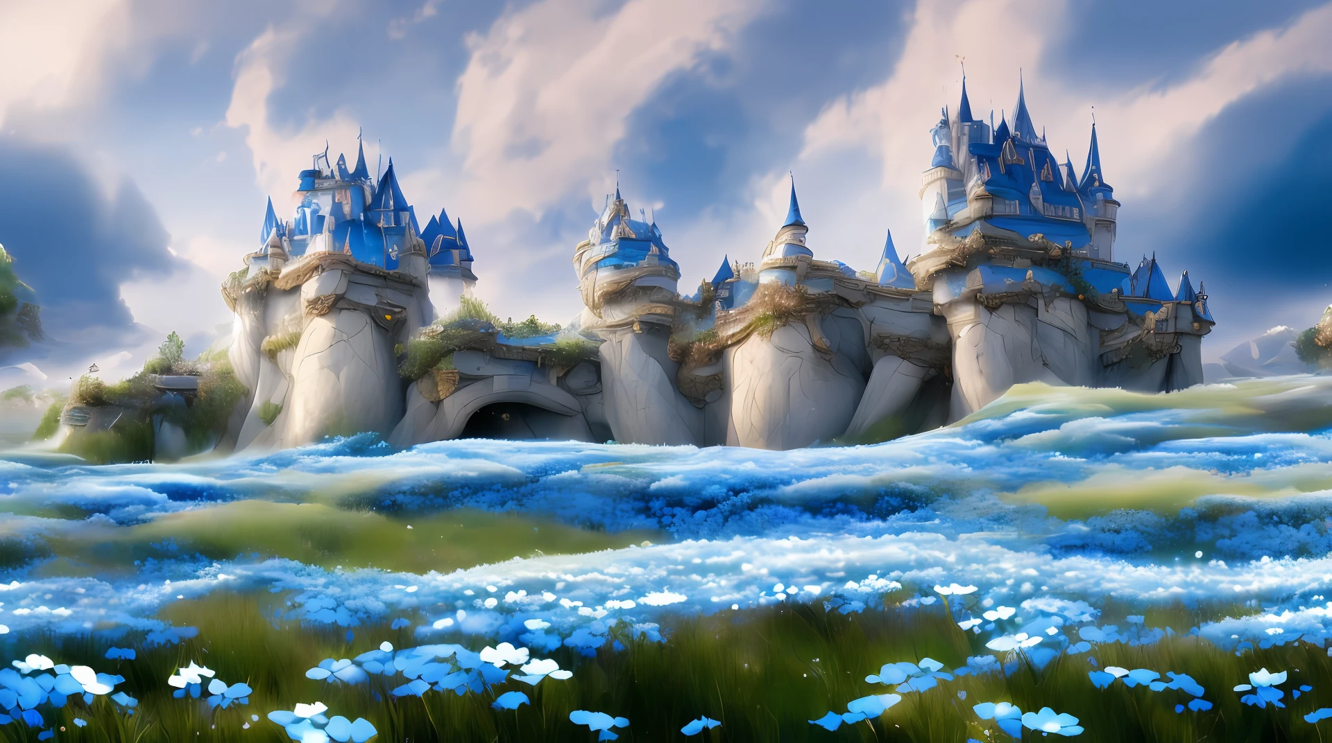 (a discodifland with swirling blue clouds and flowers), (sky forget-me-not fantasy castle), (blue forget-me-not), (ridiculous), dreamy, disney, painted by Thomas Kincaid, artstation, sharp focus, inspiring 8k wallpaper,