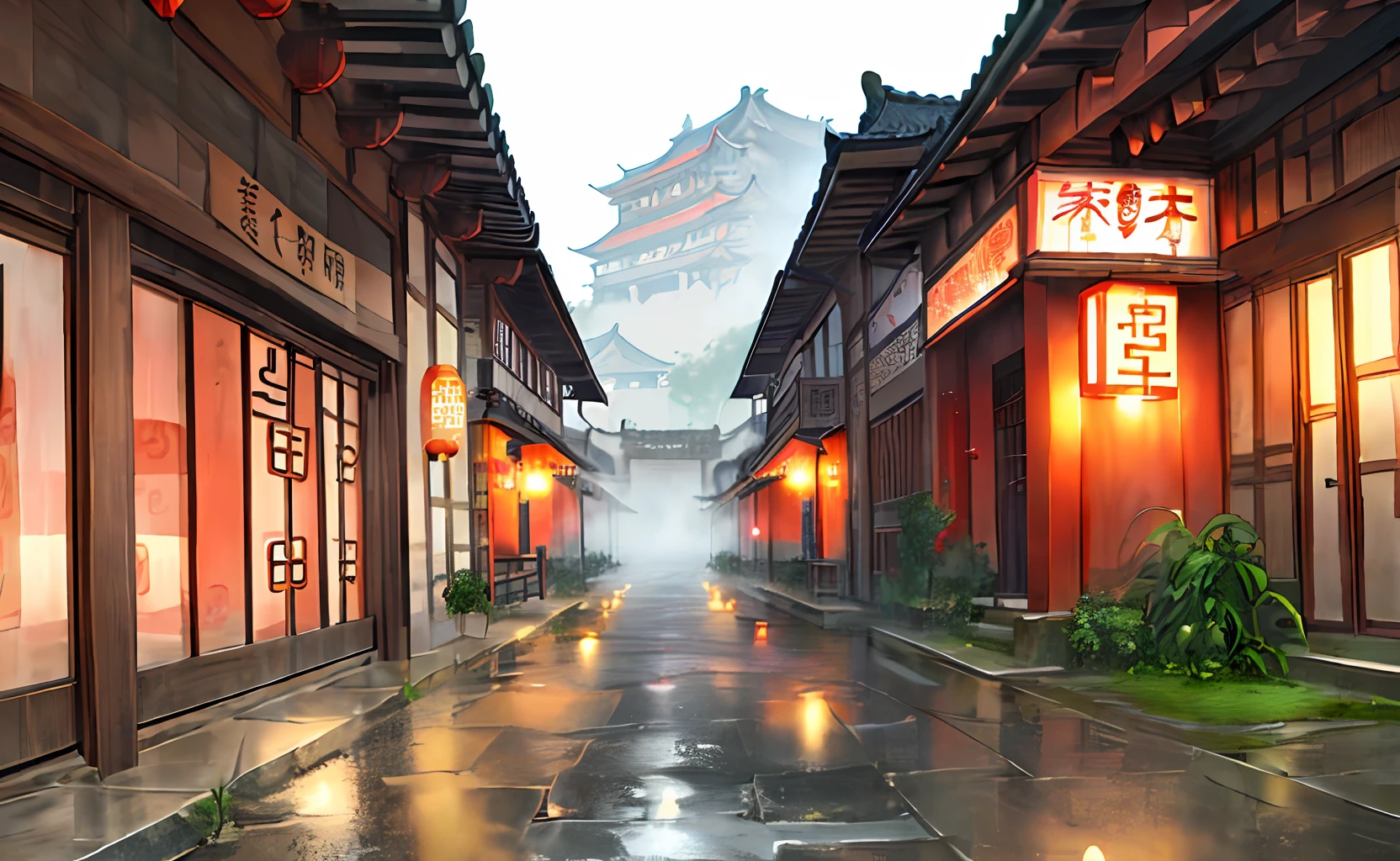 ((beautiful),(ancient Chinese city),(after the rain),(sentimental)),(feelings),(quiet),(street),(meditative),(black and white:0.3)|(fog:1.3), (light rain: 1.2+ heavy rain: 1.3)