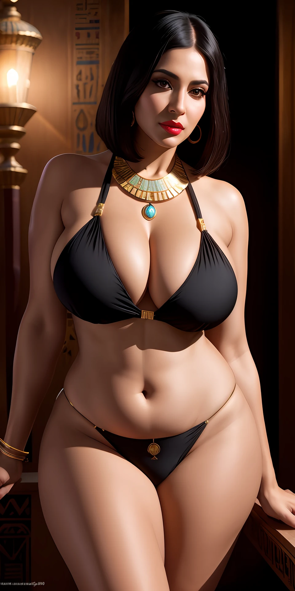 beautiful mature Egyptian milf, cleopatra, pharaoh, straight short bob hairstyle, Egyptian, Egypt, Egyptian palace, Egyptian jewelry, sensual, ((micro bikini)), red lipstick, fertility symbol, motherly, (seductive), ((very large breasts, cleavage, thick thighs, hourglass figure)), photorealistic, photo, masterpiece, realistic, realism, photorealism, high contrast, photorealistic digital art trending on Artstation 8k HD high definition detailed realistic, detailed, skin texture, hyper detailed, realistic skin texture, armature, best quality, ultra high res, (photorealistic:1.4),, high resolution, detailed, raw photo, sharp re, by lee jeffries nikon d850 film stock photograph 4 kodak portra 400 camera f1.6 lens rich colors hyper realistic lifelike texture dramatic lighting unrealengine trending on artstation cinestill 800,