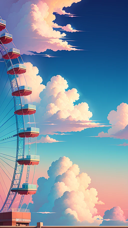 Huge ferris wheel. The color is bright and anime style, the color matching is healing, the background is blue sky, there are romantic white clouds, and there are layered color transitions. You name it movie style, anime backgrounds, anime movie backgrounds, anime sky, amazing wallpapers, vibrant colors, vibrant colors, bright colors. You name it, colorful anime movie backgrounds, anime clouds, no humans. Beautiful anime scenes, anime background art,. Author: Makoto Shinkai, ufotable art style, anime beautiful peaceful scenes, atmospheric anime