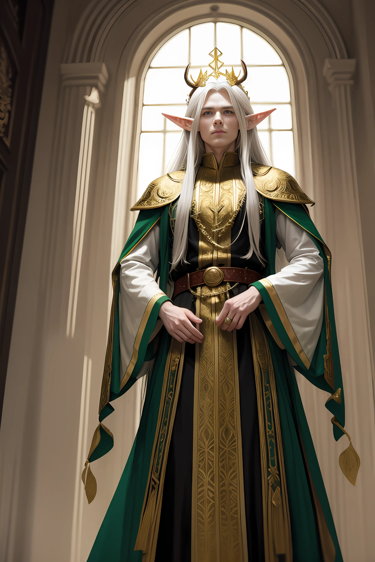 Handsome elf king with long white hair, serious and majestic expression, wearing golden antler crown, white and green nobleman robe with golden pattern on clothes, normal body proportions, wide shoulders, realistic masterpiece, best quality