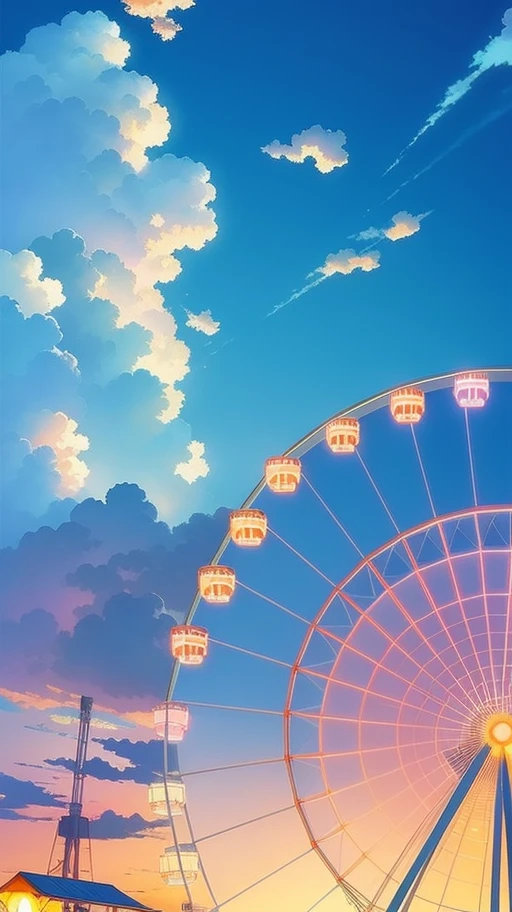 The Ferris wheel in the amusement park is designed in the style of Makoto Shinkai, which is exquisite, unique and majestic. Huge ferris wheel. The color is bright and anime style, the color matching is healing, the background is blue sky, there are romantic white clouds, and there are layered color transitions. You name it movie style, anime backgrounds, anime movie backgrounds, anime sky, amazing wallpapers, vibrant colors, vibrant colors, bright colors. You name it, colorful anime movie backgrounds, anime clouds, no humans. Beautiful anime scenes, anime background art,. Author: Makoto Shinkai, ufotable art style, anime beautiful peaceful scenes, atmospheric anime