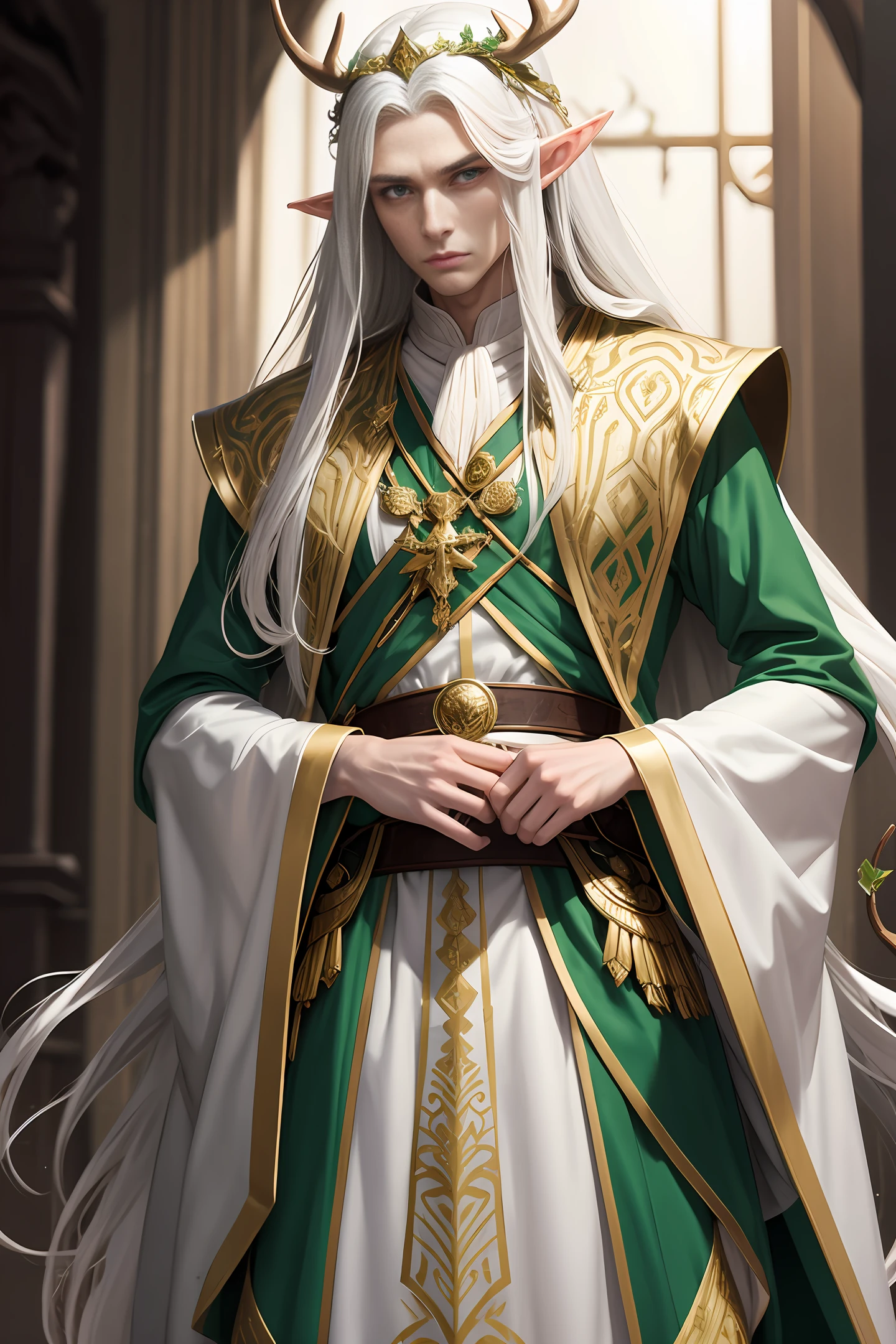 Handsome elf king with long white hair, serious and majestic expression, wearing golden antler crown, white and green nobleman robe with golden pattern on clothes, normal body proportions, wide shoulders, realistic masterpiece, best quality