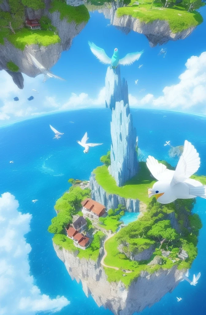 there is a bird flying over a small island with a boat, flying rocky island, flying island, studio ghibli and pixar and abzu, flying island in the sky, flying islands, animated movie still, floating and flying island, flying anime esper, pixar splash art, flying over the ocean, background aerial battle, amazing wallpaper, animated movie shot, wallpaper!