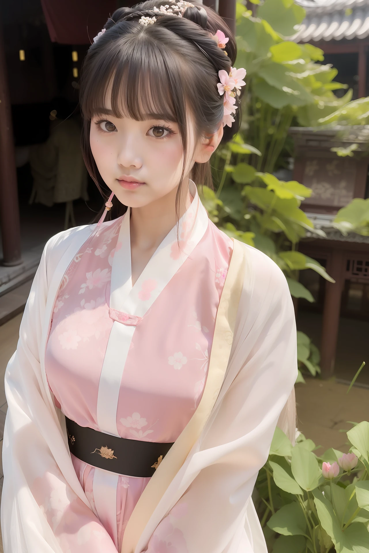 araffe asian woman in a pink dress posing for a picture, palace , a girl in hanfu, hanfu, with acient chinese clothes, white hanfu, wearing ancient chinese clothes, pale and coloured kimono, pale pink and gold kimono, traditional chinese clothing, wearing pink floral chiton, flowing sakura-colored silk, flowing sakura silk, traditional chinese