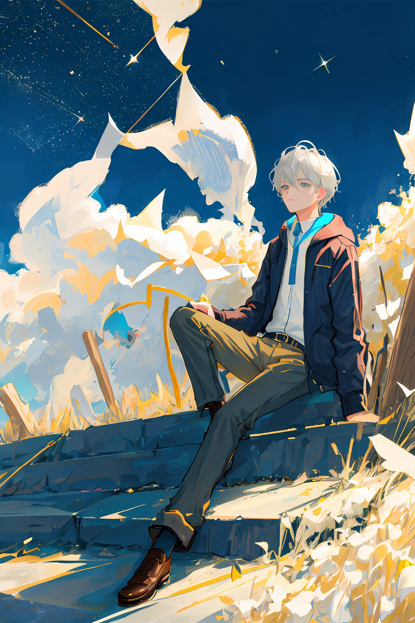 A young handsome boy with silver hair, a starry night sky with shooting stars streaking across the sky.