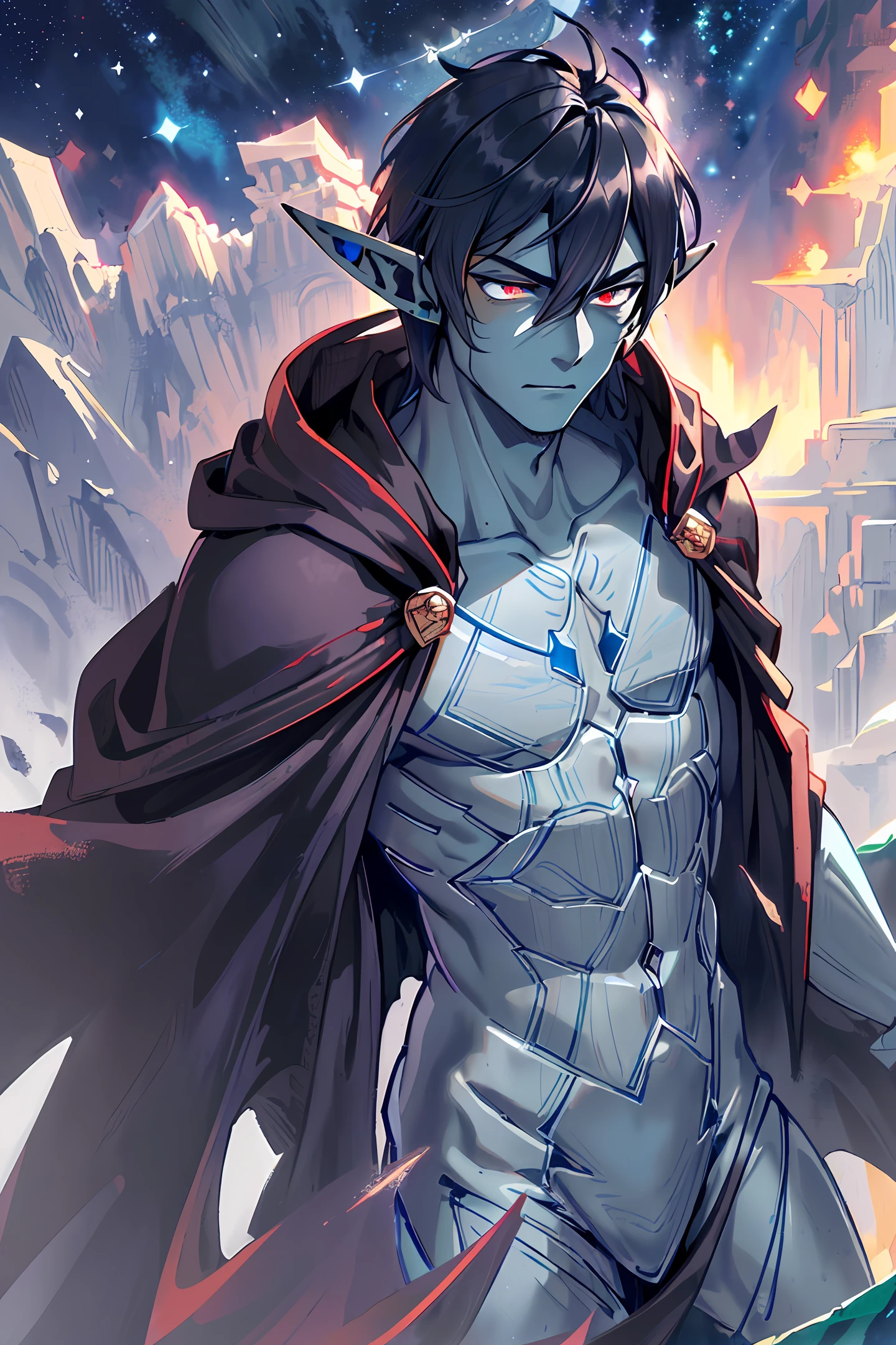 Fine, (Best Illustration), 8k Resolution, Intricate Details, Best Quality, Realistic, Ultra Detailed, Best Lighting, Best Shadows, Ultra HD, ((((Handsome Young Man))), ((teenage :1.5)), (glowing red eyes), ((((short black hair: 1.1))), ((black clothes)), (Prince\\(indifferent expression\\),,, (((wearing high detail Luxurious black robe))), black hair, starry night sky, falling meteors, elf ears, ((dark blue skin)), dark elf, chest muscles