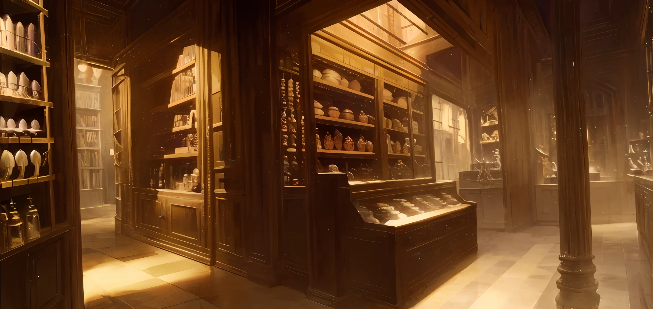 historical setting magic store inside, front view, harry potter, DIAGON ALLEY, showcase, textured, maximum detail, peltate plate, no people, Highest quality, masterpiece,
