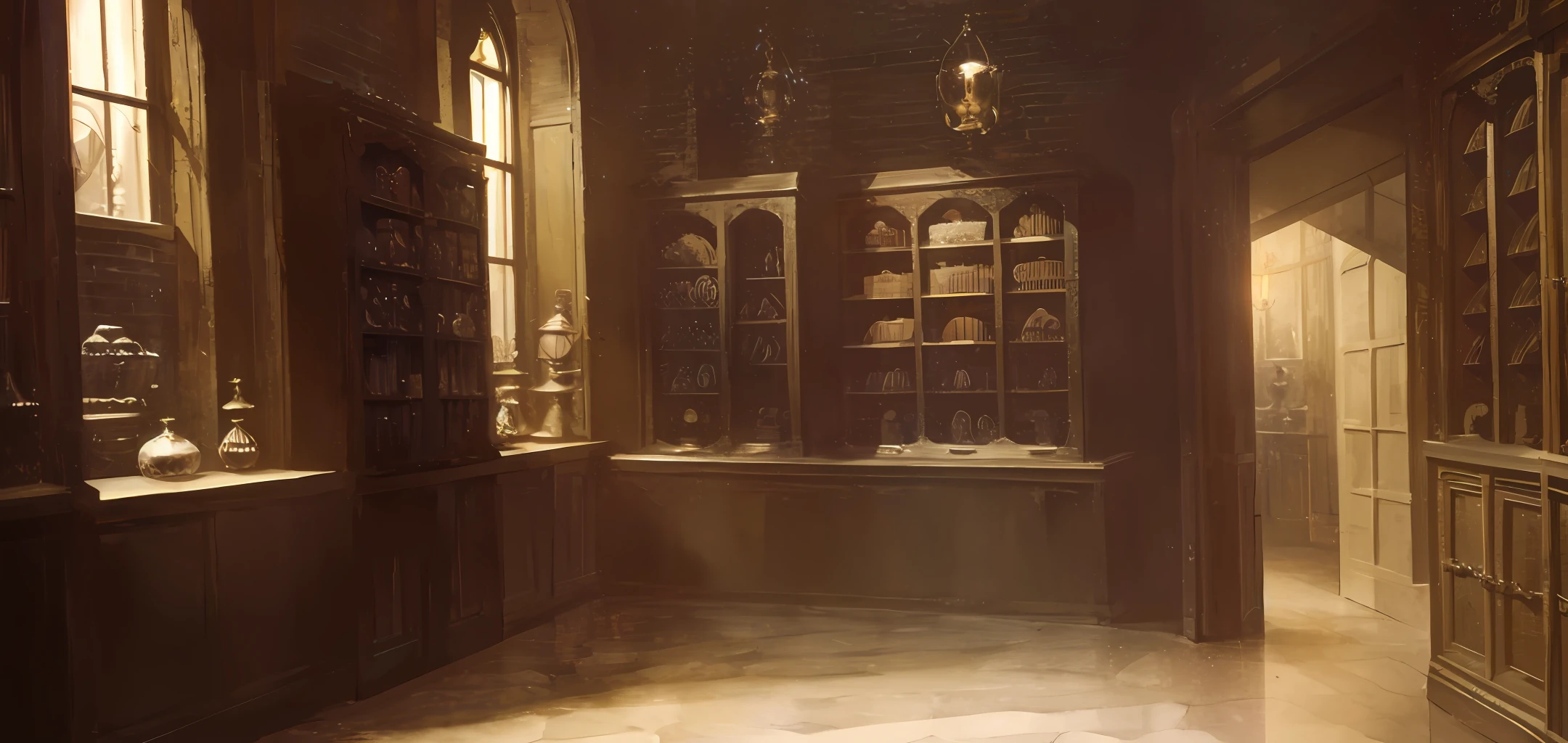 historical setting magic store inside, front view, harry potter, DIAGON ALLEY, showcase, textured, maximum detail, peltate plate, no people, Highest quality, masterpiece,
