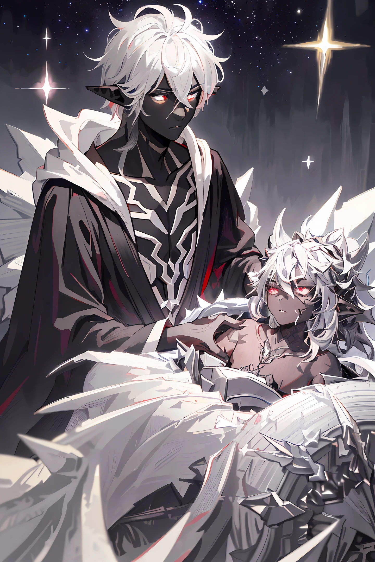 Fine, (Best Illustration), 8k Resolution, Intricate Details, Best Quality, Realistic, Ultra Detailed, Best Lighting, Best Shadows, Ultra HD, ((((Handsome Young Man))), ((teenage :1.5)), (glowing red eyes), (glowing eyes), ((((short white hair: 1.1))), ((black clothes)), (prince\\(indifferent expression\\),, (((Wearing high detail luxurious black robe))), black hair, starry night sky, falling meteors, elf ears, ((grey black skin)), dark elf, (chest), surrounded by stars