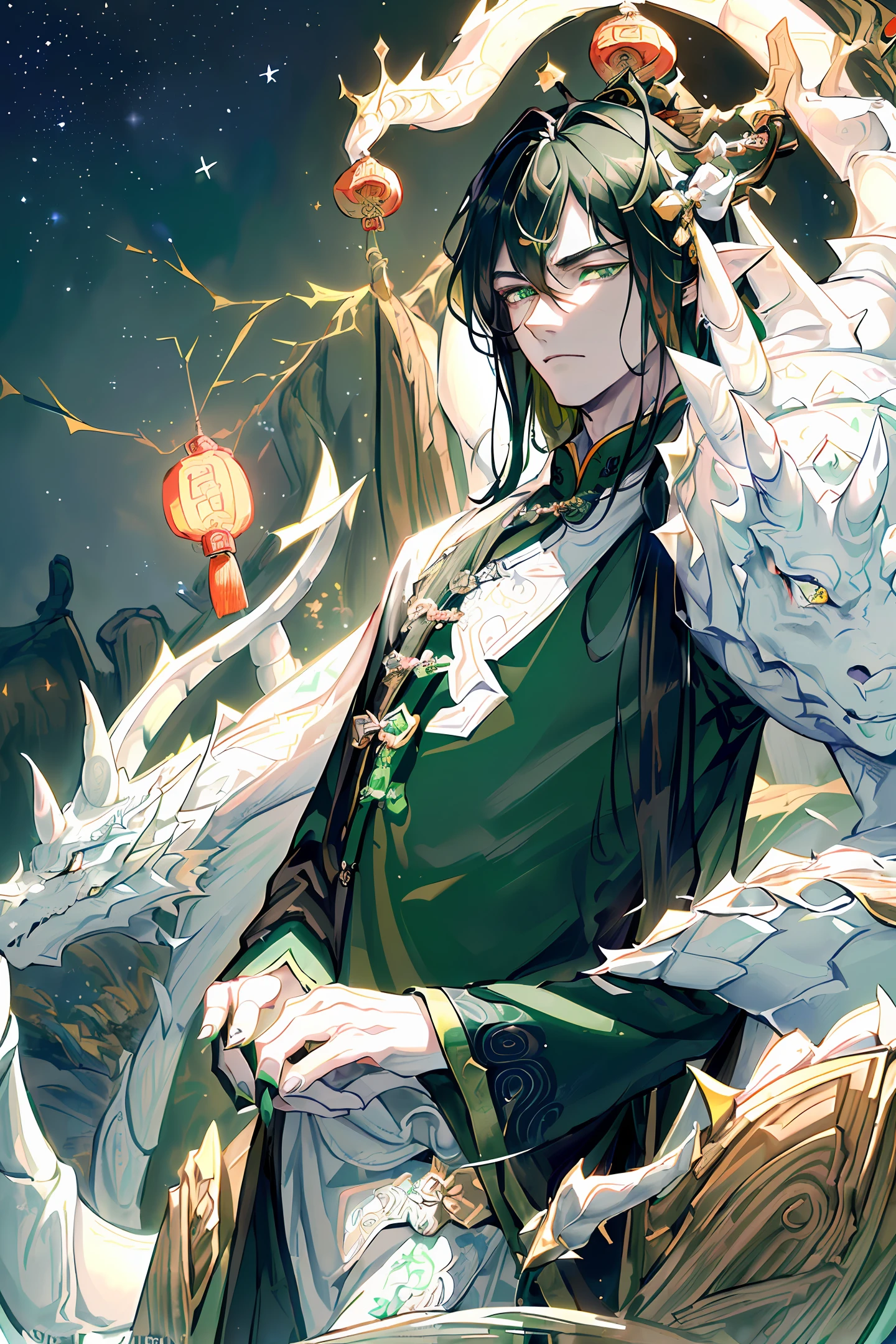 Fine, (Best Illustration), 8k Resolution, Intricate Details, Best Quality, Realistic, Ultra Detailed, Best Lighting, Best Shadows, Ultra HD, ((((Handsome Young Man))), ((teenage :1.5)), (glowing green eyes), (glowing eyes), ((((long black hair: 1.1))), ((dark green clothes, white embellishment)), (Prince\\(indifferent expression\ \),, (((wearing high-detail luxury ancient Chinese clothes))),, starry night sky, falling meteors, fairy ears, ((white skin)), with dragon horns on forehead, surrounded by giant dragons