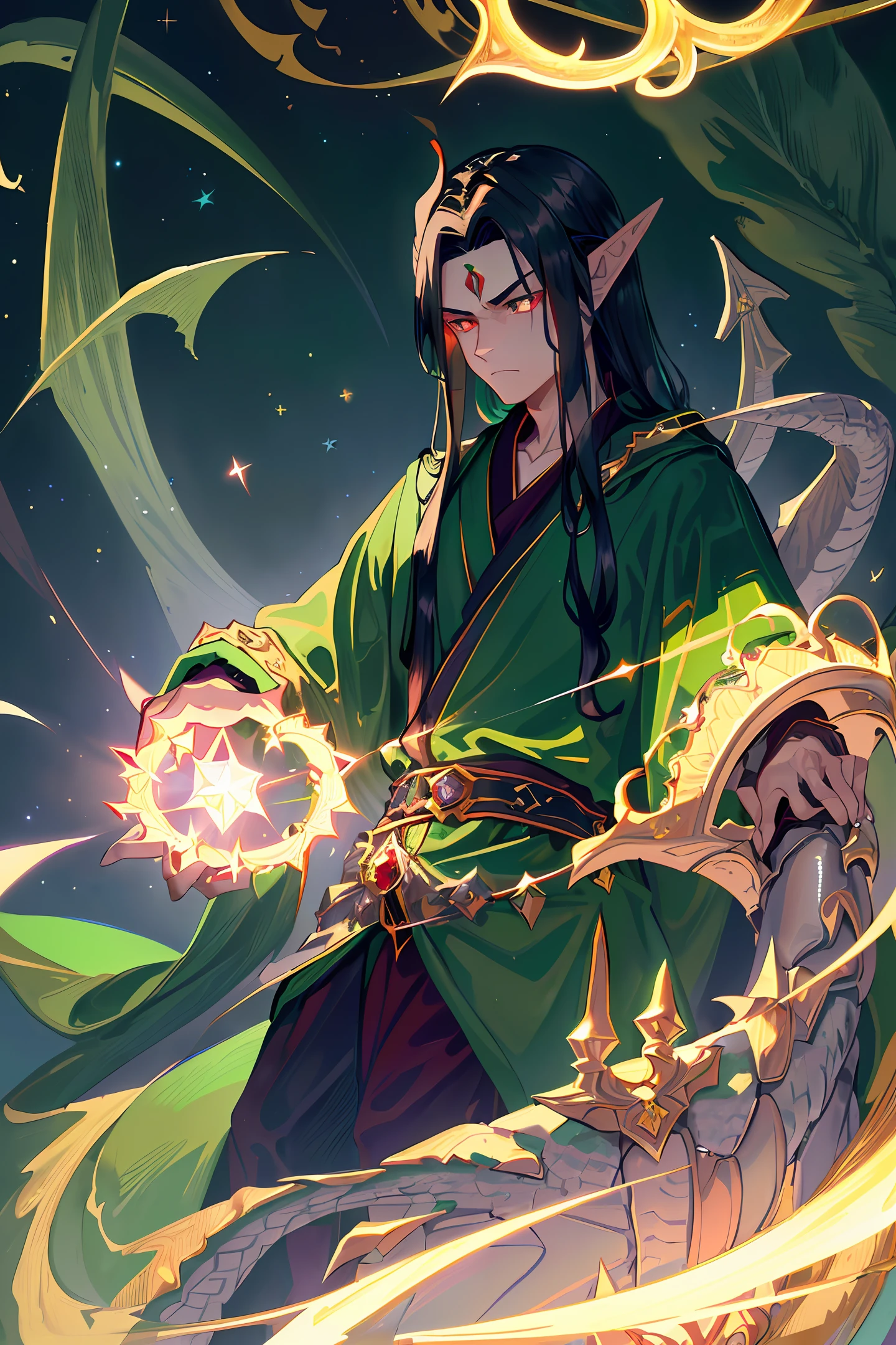 Fine, (Best Illustration), 8k Resolution, Intricate Details, Best Quality, Realistic, Ultra Detailed, Best Lighting, Best Shadows, Ultra HD, ((((Handsome Young Man))), ((age :1.5)), (glowing red eyes), (glowing eyes), ((((long black hair: 1.1))), ((dark green clothes)), (prince\\(indifferent expression\\), , (((Wearing high detail luxurious green robe))),, starry night sky, falling meteors, elf ears, ((fair skin)), with dragon horns on forehead, surrounded by giant dragons