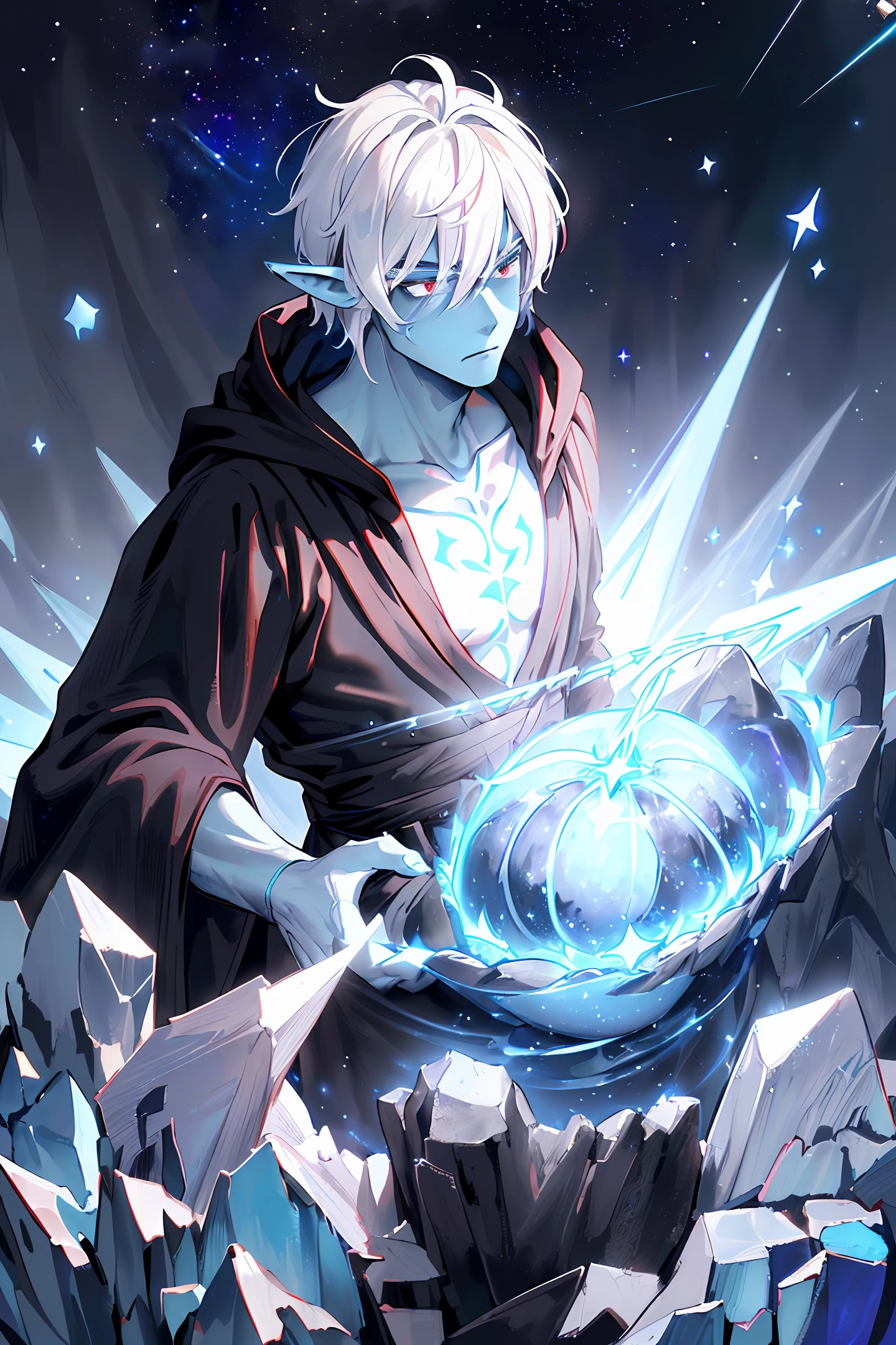 Fine, (Best Illustration), 8k Resolution, Intricate Details, Best Quality, Realistic, Ultra Detailed, Best Lighting, Best Shadows, Ultra HD, ((((Handsome Young Man))), ((teenage :1.5)), (glowing red eyes), ((light eyes)), ((((short white hair: 1.1))), ((black clothes)), (Prince\\(indifferent expression\\) ,, (((Wears high detail luxurious black robe))), black hair, starry night sky, falling meteors, elf ears, ((blue skin)), (stars on skin, light), dark elf, (pectoral), surrounded by stars