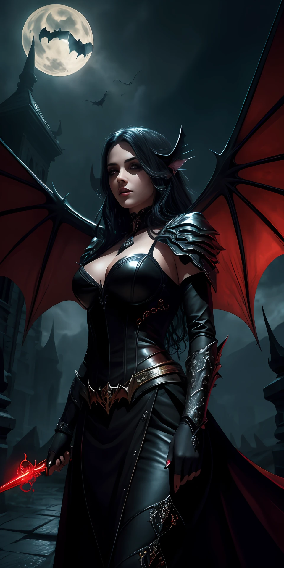 Fine, (Best Illustration), 8k Resolution, Intricate Details, Best Quality, Realistic, Ultra Detailed, Best Lighting, Best Shadows, Ultra HD, A Necromancer, Night, Magic, Dark Style, Vampire, Bat wings, red glowing eyes