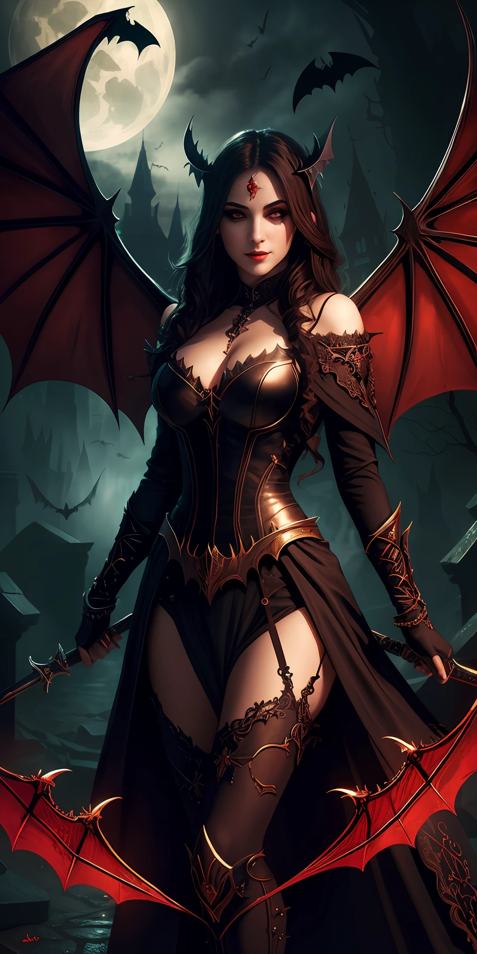 Fine, (Best Illustration), 8k Resolution, Intricate Details, Best Quality, Realistic, Ultra Detailed, Best Lighting, Best Shadows, Ultra HD, A Necromancer, Night, Magic, Dark Style, Vampire, Bat wings, red glowing eyes, sexy