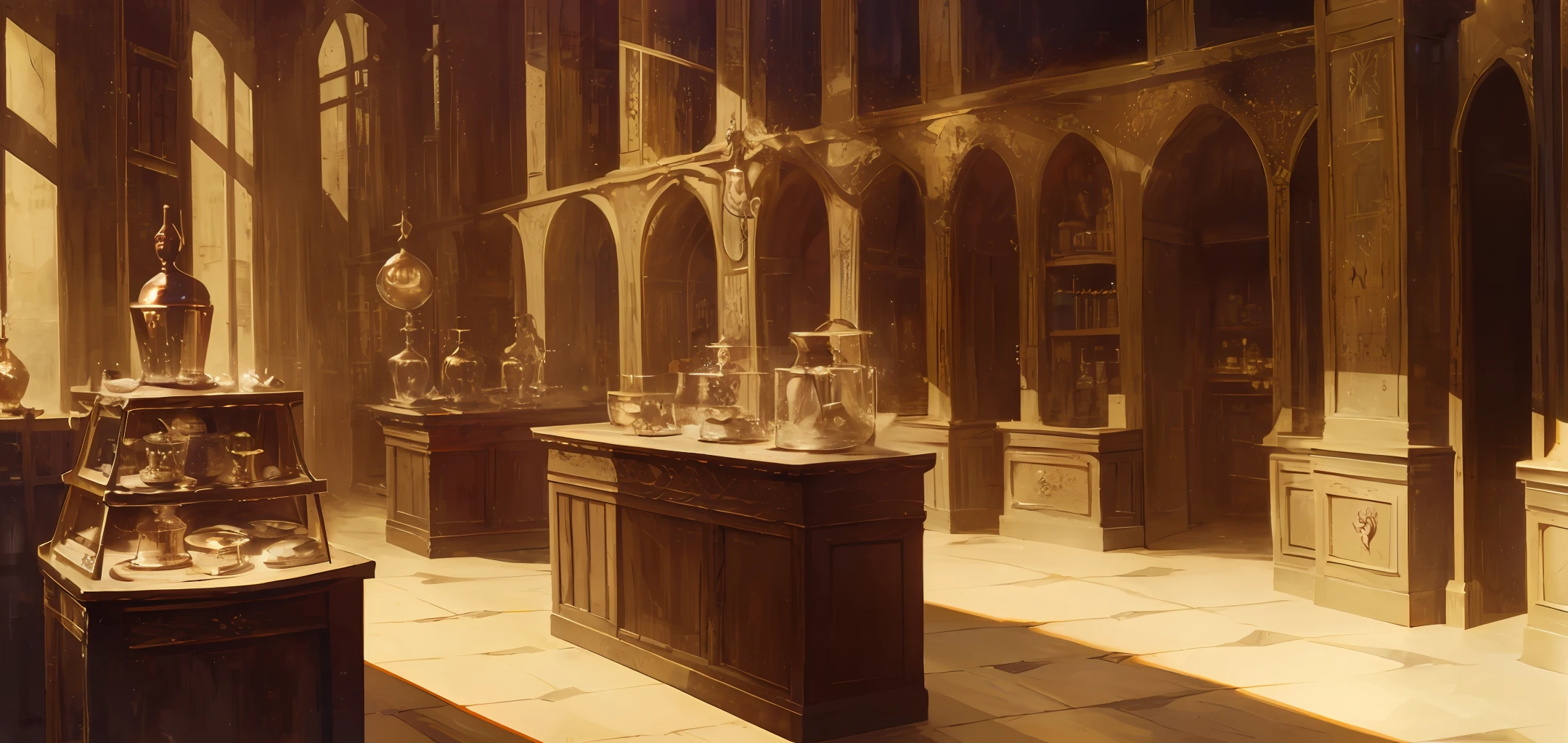 historical setting magic store inside, front view, harry potter, DIAGON ALLEY, showcase, textured, maximum detail, peltate plate, no people, Highest quality, masterpiece, magic potion, Mythological creatures