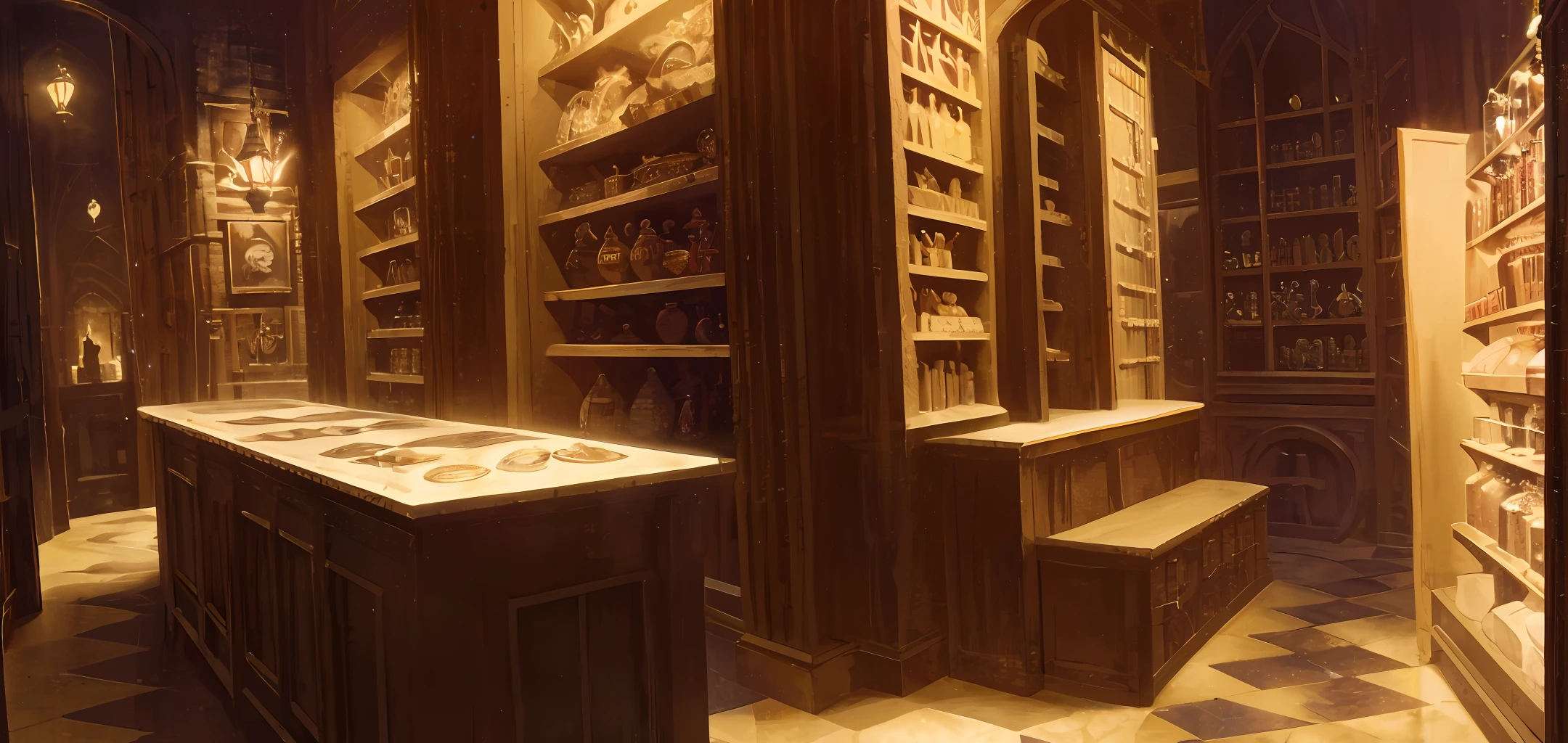 historical setting magic store inside, front view, harry potter, DIAGON ALLEY, showcase, textured, maximum detail, peltate plate, no people, Highest quality, masterpiece, magic potion, Mythological creatures