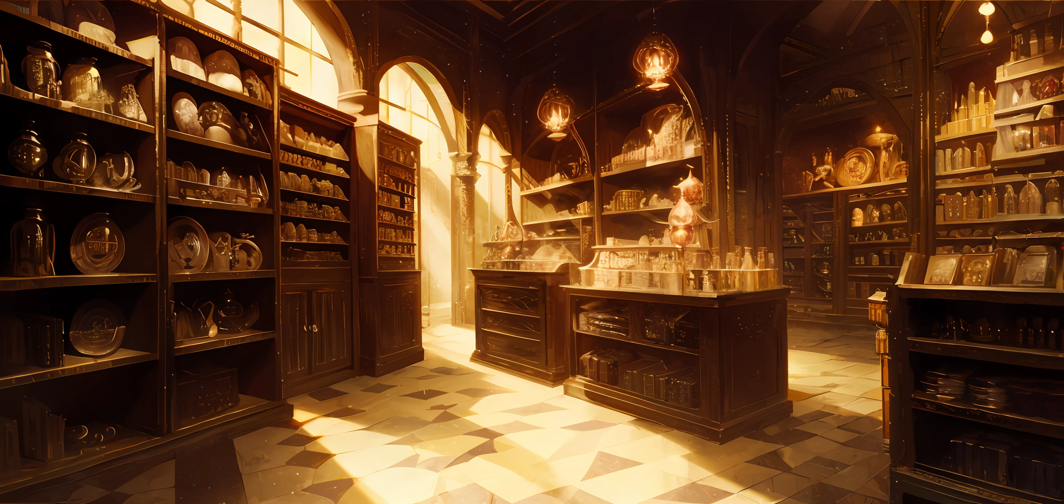 historical setting magic store inside, front view, harry potter, DIAGON ALLEY, showcase, textured, maximum detail, peltate plate, no people, Highest quality, masterpiece, magic potion, Mythological creatures