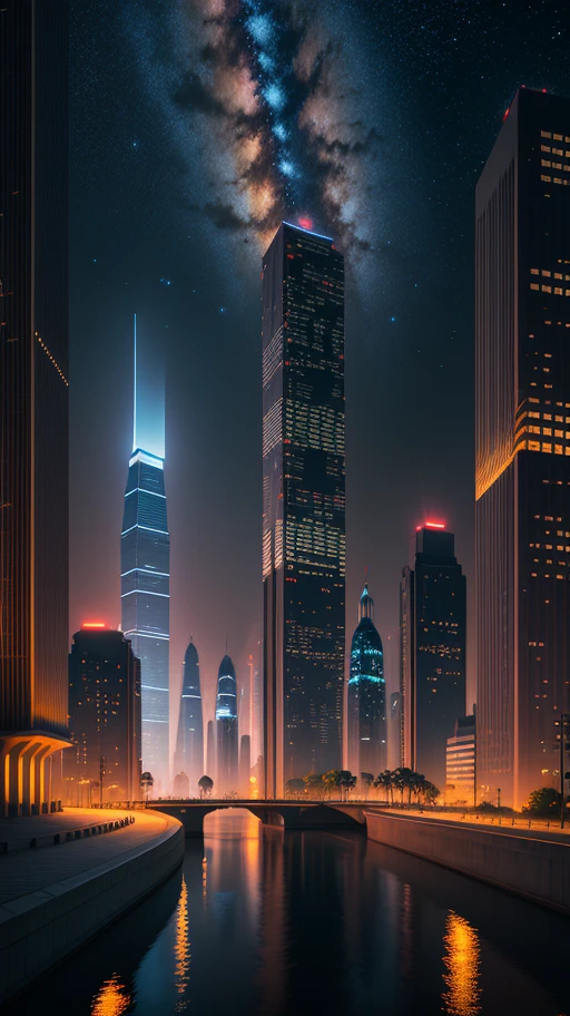 There is a big city with a sci-fi clock tower in the middle, no clouds, stars, and starlight. A matte painting by Cha Shibiao, cgsociety competition winner, concept art, cityscape with small lakes and squares, landmarks, huge buildings, shutterstock, art nouveau, shenzhen, shenzhen, shenzhen. Wide built, super wide view of cityscape, night view, starry sky, bright tones, clear night. Beautiful city of the future, beautiful cityscape, tech city background, Hou porcelain, with a city in the background. Inspired by Makoto Shinkai&#39;s popular concept art and masterpieces on pixiv, vision (wide angle lens), super high resolution (fidelity: 1.4), super high quality, extremely detailed CG Unity 8k wallpapers, aesthetics, award winning photography, real Sensational, high detail, intricate, traveling art
