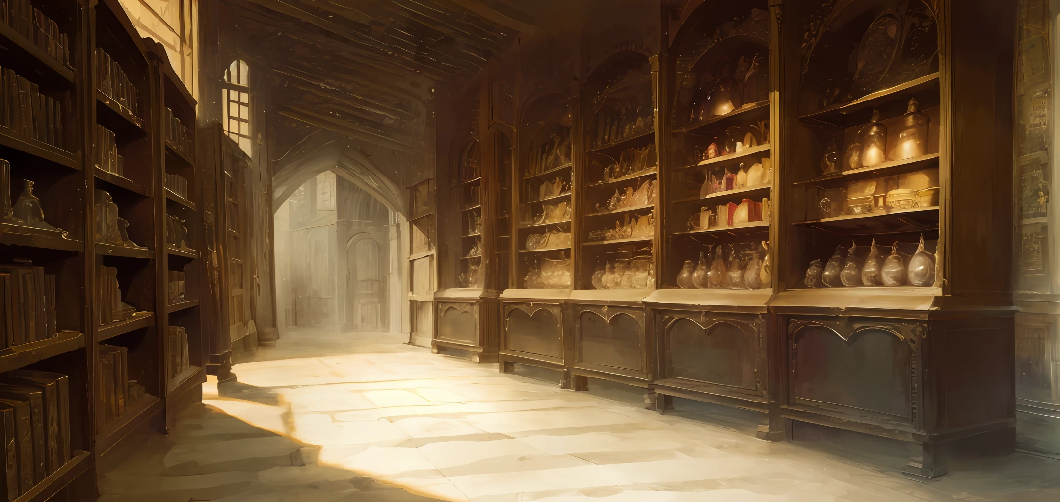 historical setting magic store inside, front view, harry potter, DIAGON ALLEY, showcase, textured, maximum detail, peltate plate, no people, Highest quality, masterpiece, magic potion, Mythological creatures