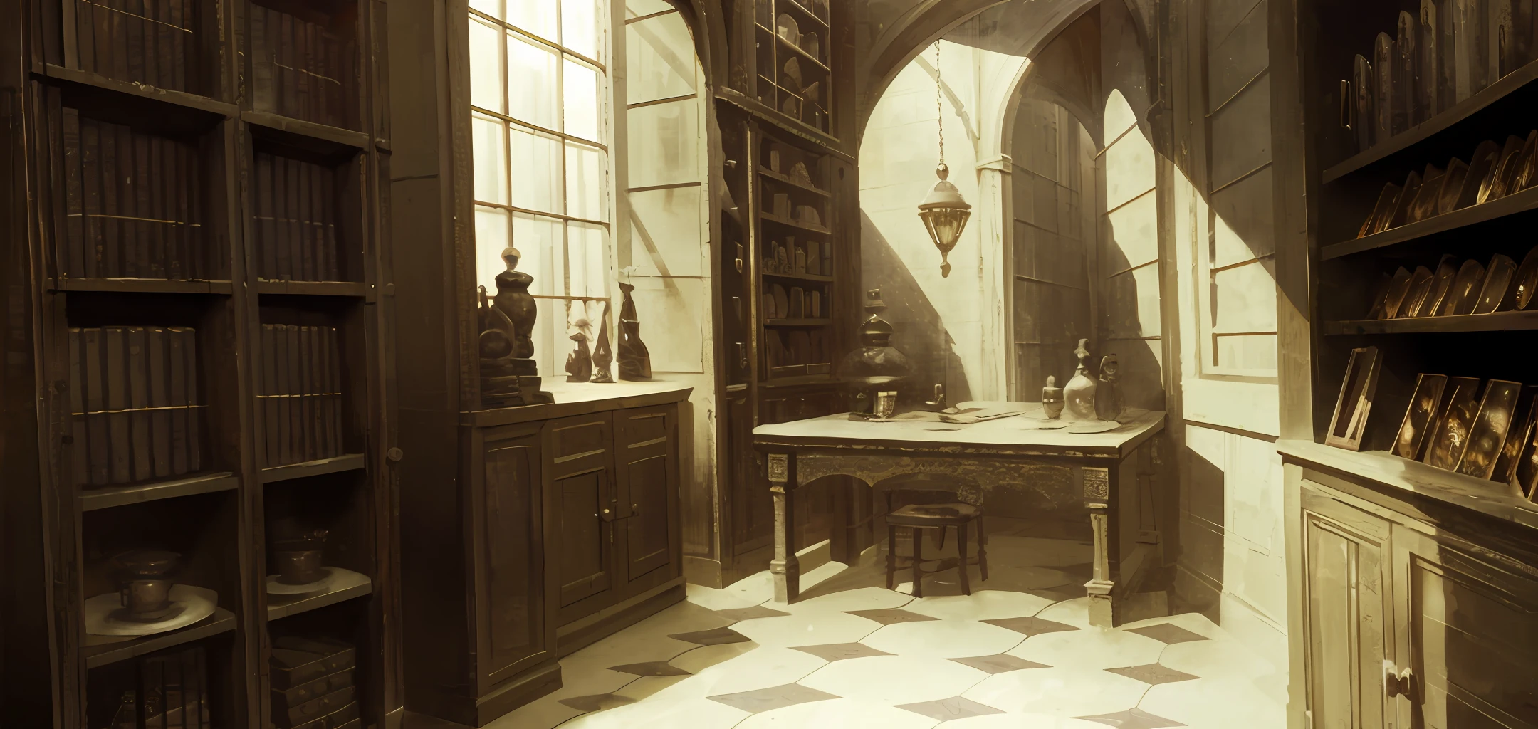 historical setting magic store inside, front view, harry potter, DIAGON ALLEY, showcase, textured, maximum detail, peltate plate, no people, Highest quality, masterpiece, magic potion, Mythological creatures