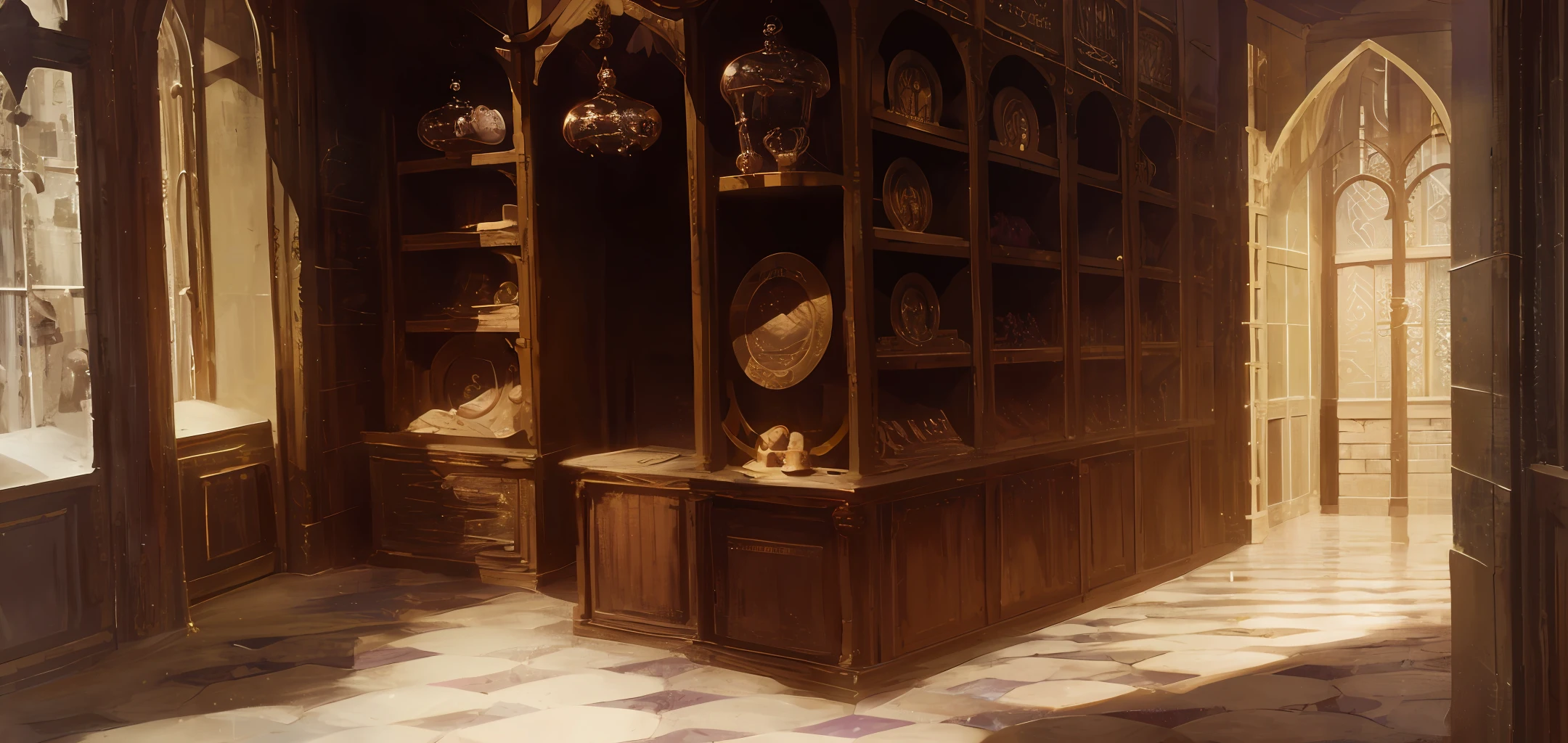 historical setting magic store inside, front view, harry potter, DIAGON ALLEY, showcase, textured, maximum detail, peltate plate, no people, Highest quality, masterpiece, magic potion, Mythological creatures