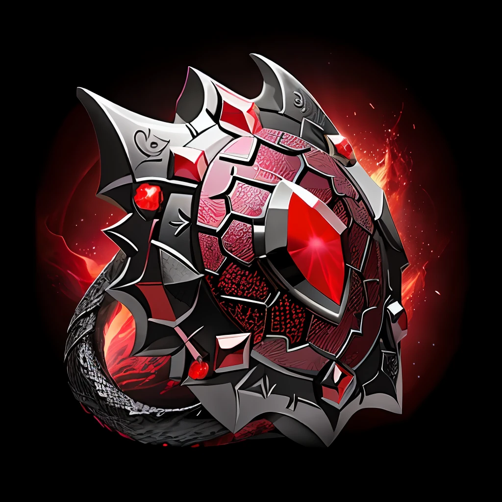 A black shield covered in dragon scales, with a red gem set in the cover.