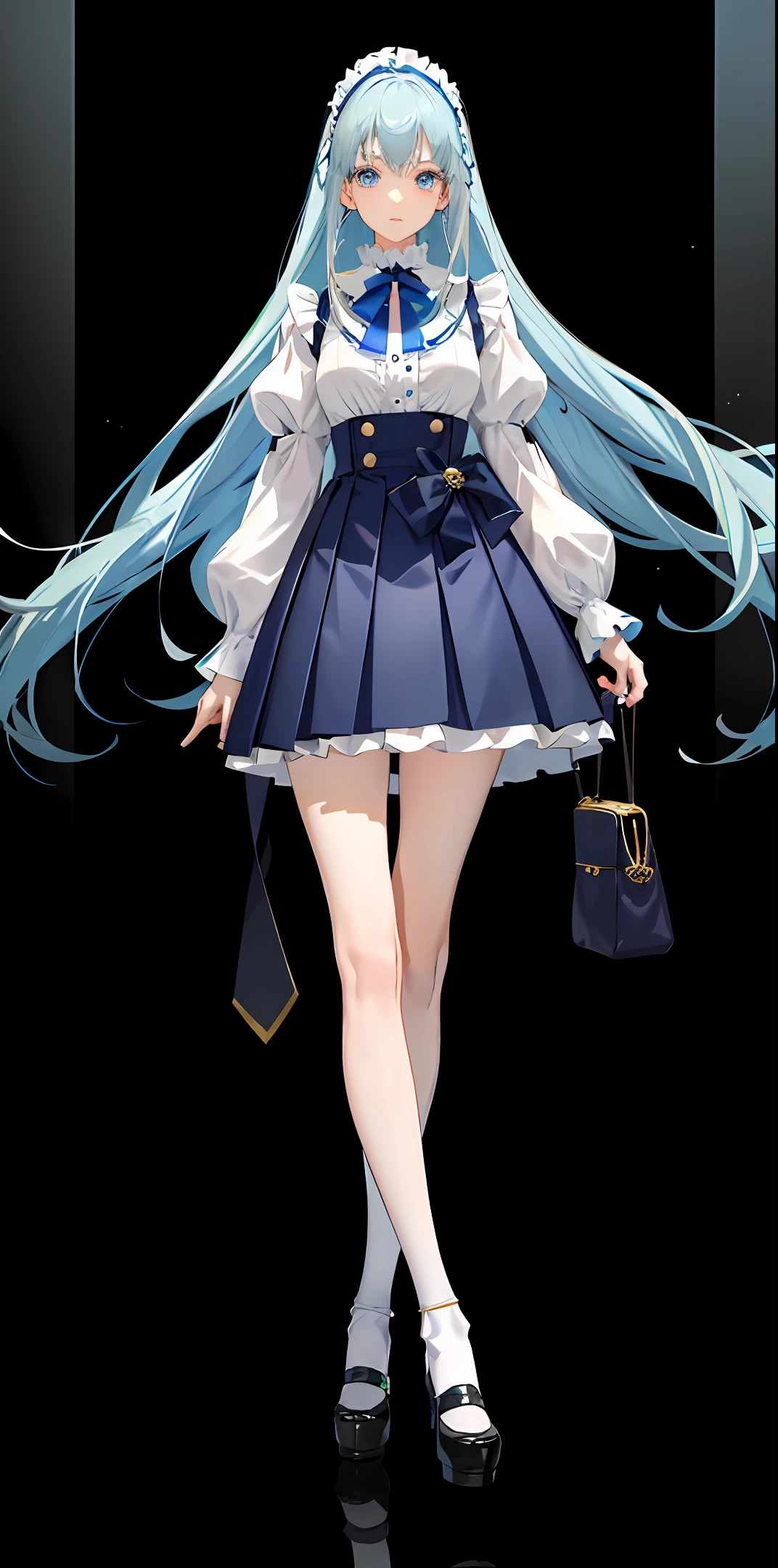 The anime character is a young girl with long, straight, light blue hair that falls to her waist. Her eyes are large and almond-shaped, and they are a bright shade of green. She has a small nose and full lips. Her skin is pale and smooth.
She is wearing a white blouse with ruffled sleeves and a red ribbon tied around her neck. Her skirt is blue and pleated, and it falls just above her knees. She is also wearing white knee-high socks and black shoes
In terms of her build, she is slim and petite, with a height of around 5'2''. She has a delicate and feminine appearance, and her facial features are very expressive, conveying a range of emotions from joy to sadness