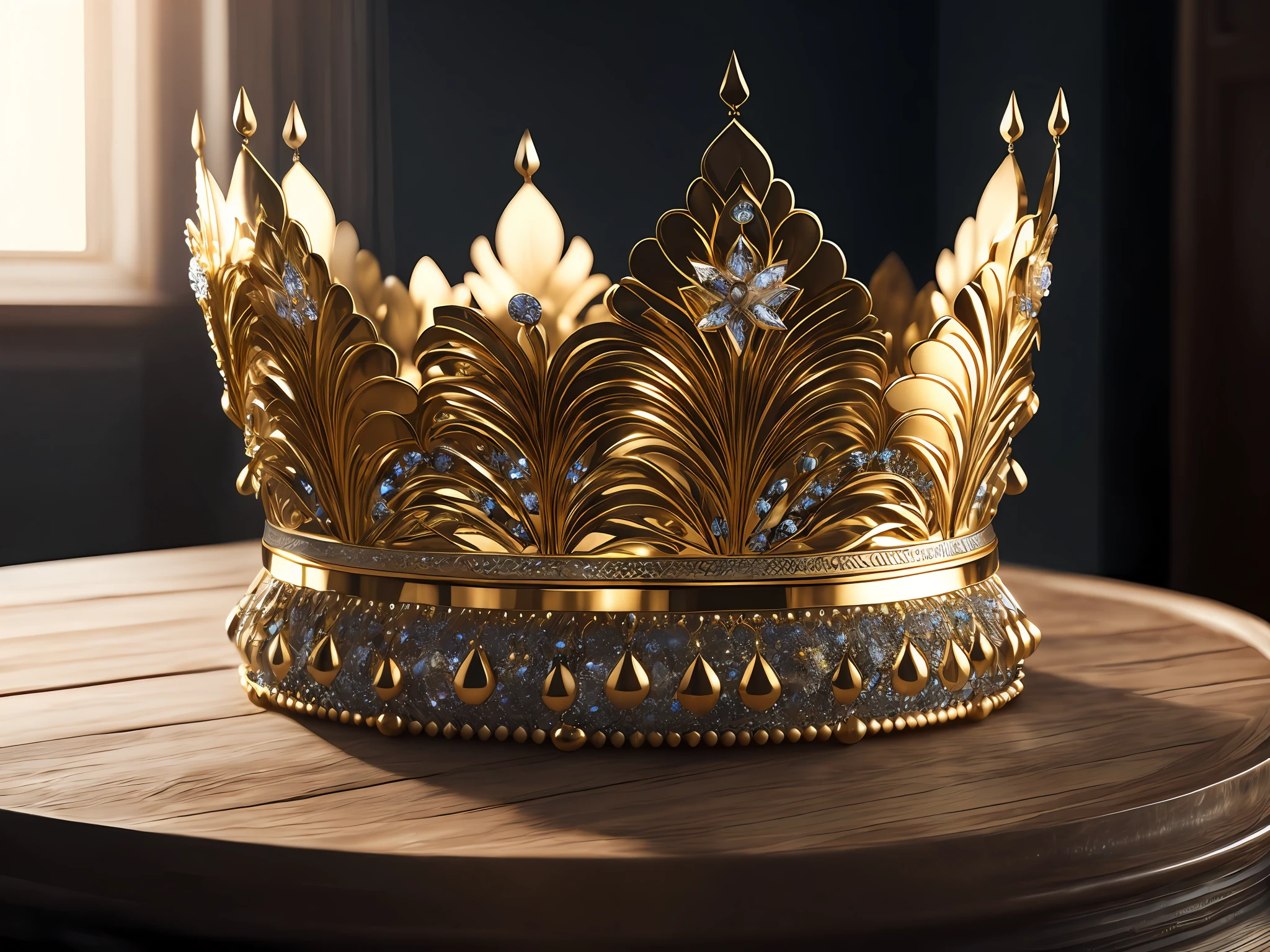 Beautifully decorated golden crown, (8k, RAW photo, best quality, Masterpiece: 1.2), super high resolution, photorealistic: 1.4), cinematic lights, (soft volumetric lighting: 1.2), (realistic, photorealistic Photorealism: 1.37), detailed skins, professional lighting, photography, sharp focus, detailed, professional lighting, photon mapping, detailed and complex environments, highly detailed, best quality, 8k art photography, realistic Concept Art, Soft Natural Volumetric Film Perfect Light, MIDJOURNEY, 3DMDT