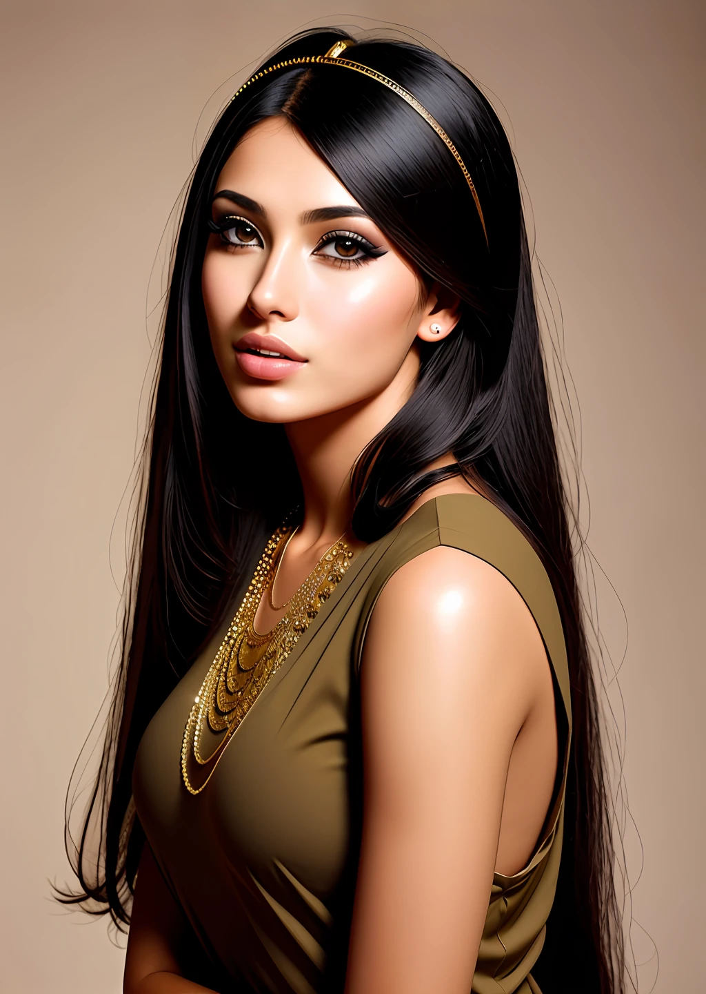 Fashion model photography, khaki dress, strong sense of design, medium shot, Egyptian beauty model, long hair, hair accessories, delicate skin, necklace, simple background, high texture, glare backlight, professional studio lighting
