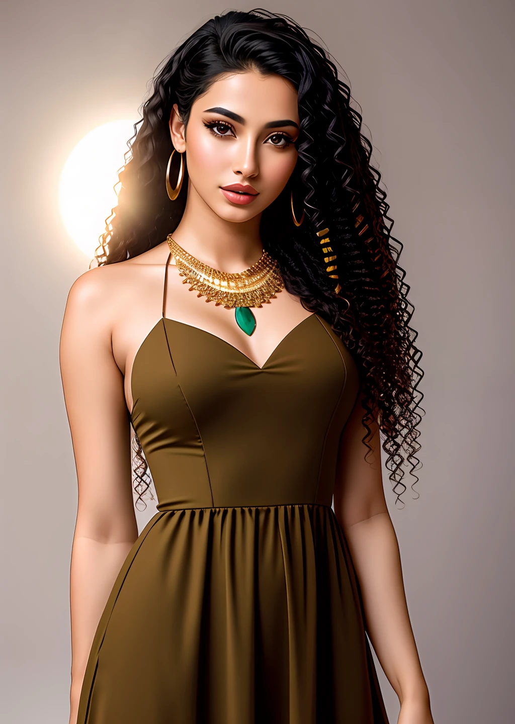 Fashion model photography, khaki dress, strong sense of design, medium shot, Egyptian beauty model, long hair, hair accessories, delicate skin, necklace, simple background, high texture, glare backlight, professional studio lighting